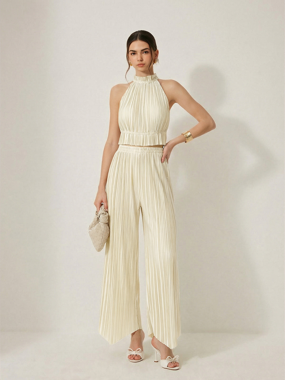 Pleated Halter Crop Top & High Waist Pants Set for Women
