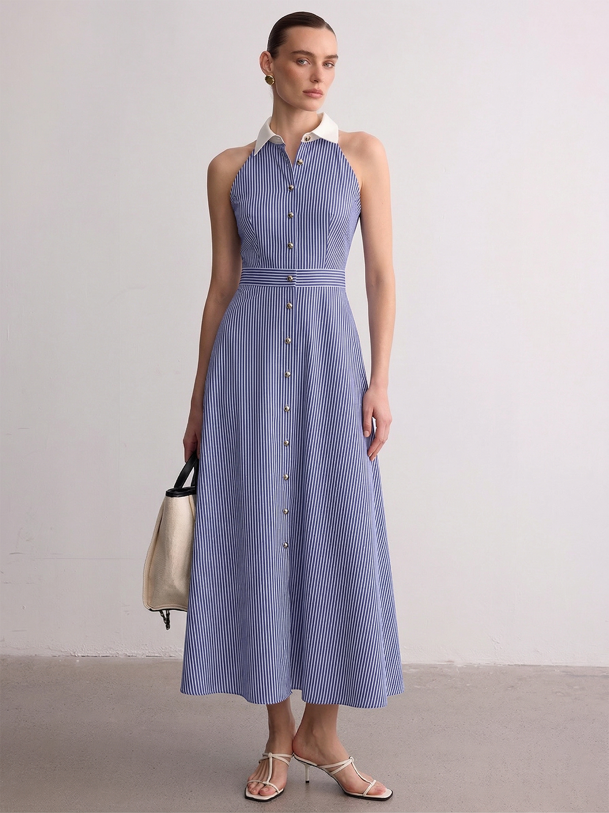 Collared Striped Sleeveless Buttoned Maxi Dress for Women Summer Casual
