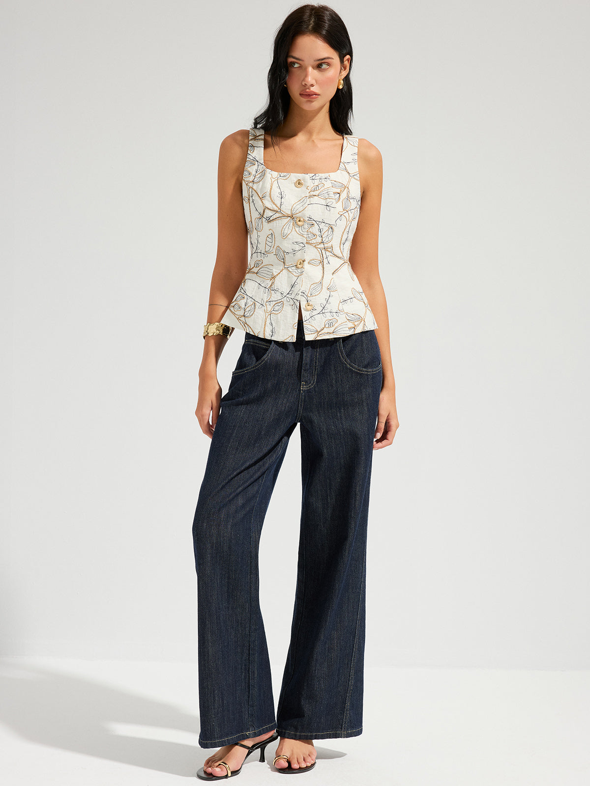 Embroidered Floral Square Neck Tank Top for Women Summer Casual
