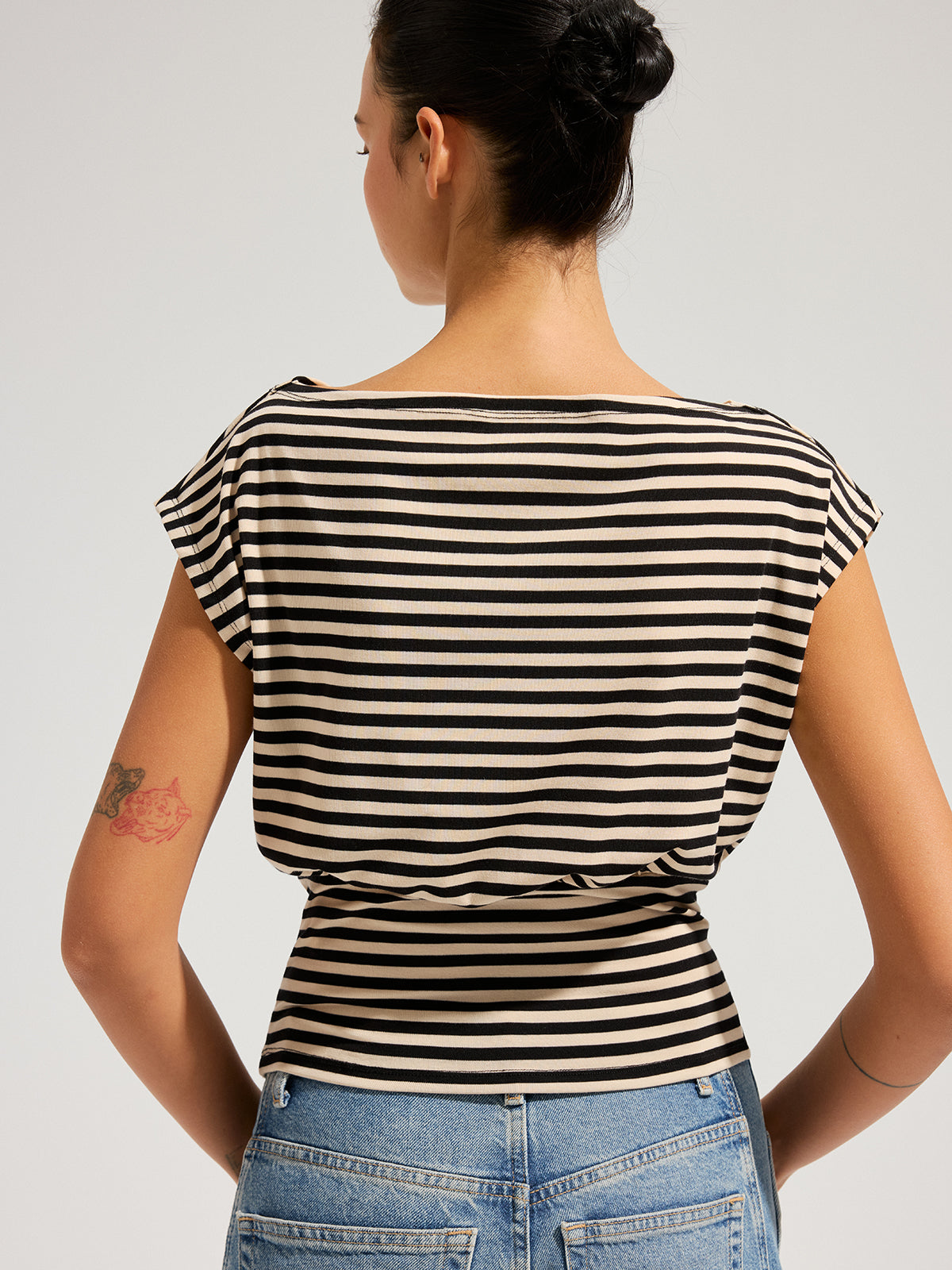 Striped Boat Neck Cinched Waist Top with 3/4 Sleeves and Stretch Fit