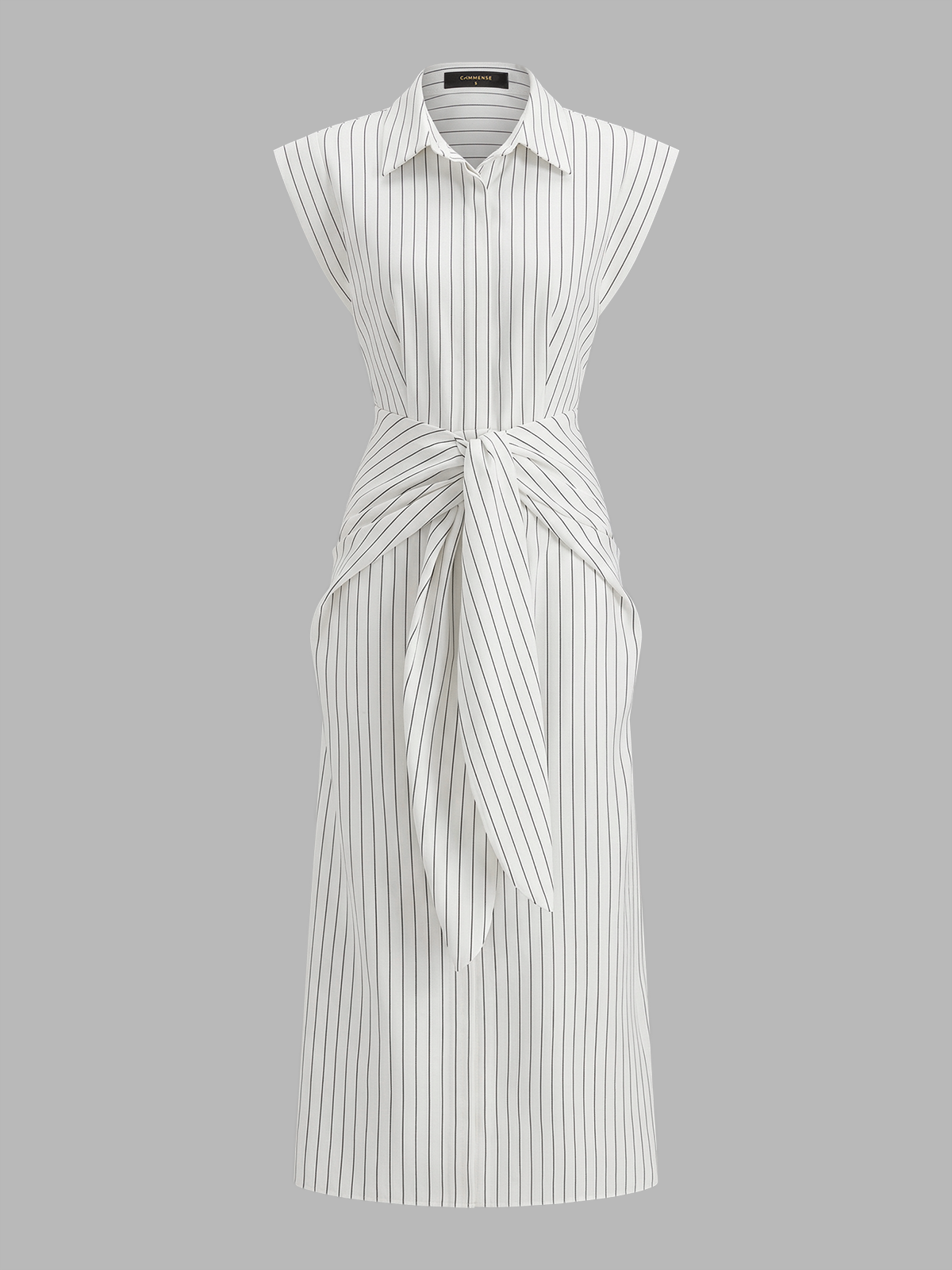 Pinstripe Sleeveless Tie-Waist Shirt Dress with Button Front Detail
