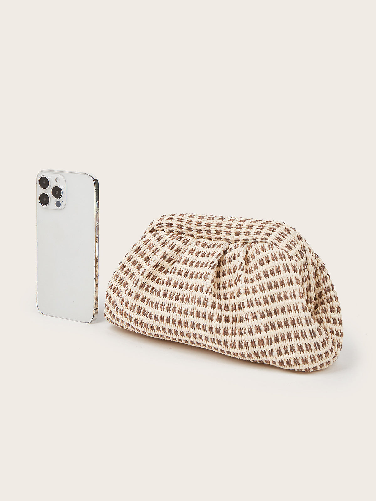 Houndstooth Woven Ruched Clutch Bag with Shoulder Strap