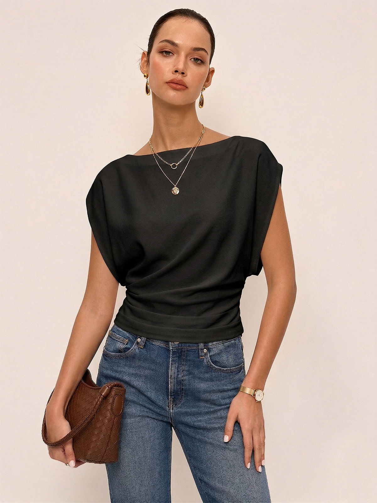 Ruched Cinched Waist Boat Neck Blouse for Women, Elegant Long Sleeve Top
