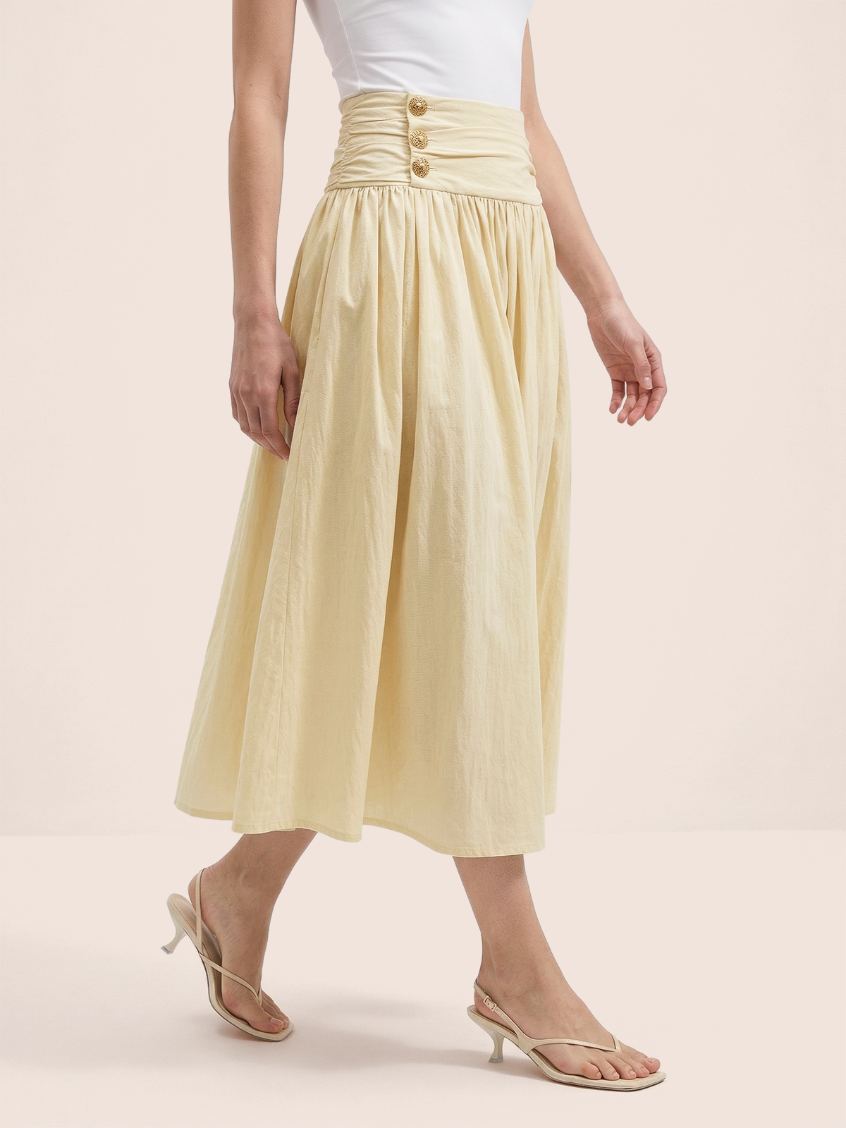 Cotton Blend Ruched Waist Midi Skirt for Casual Wear