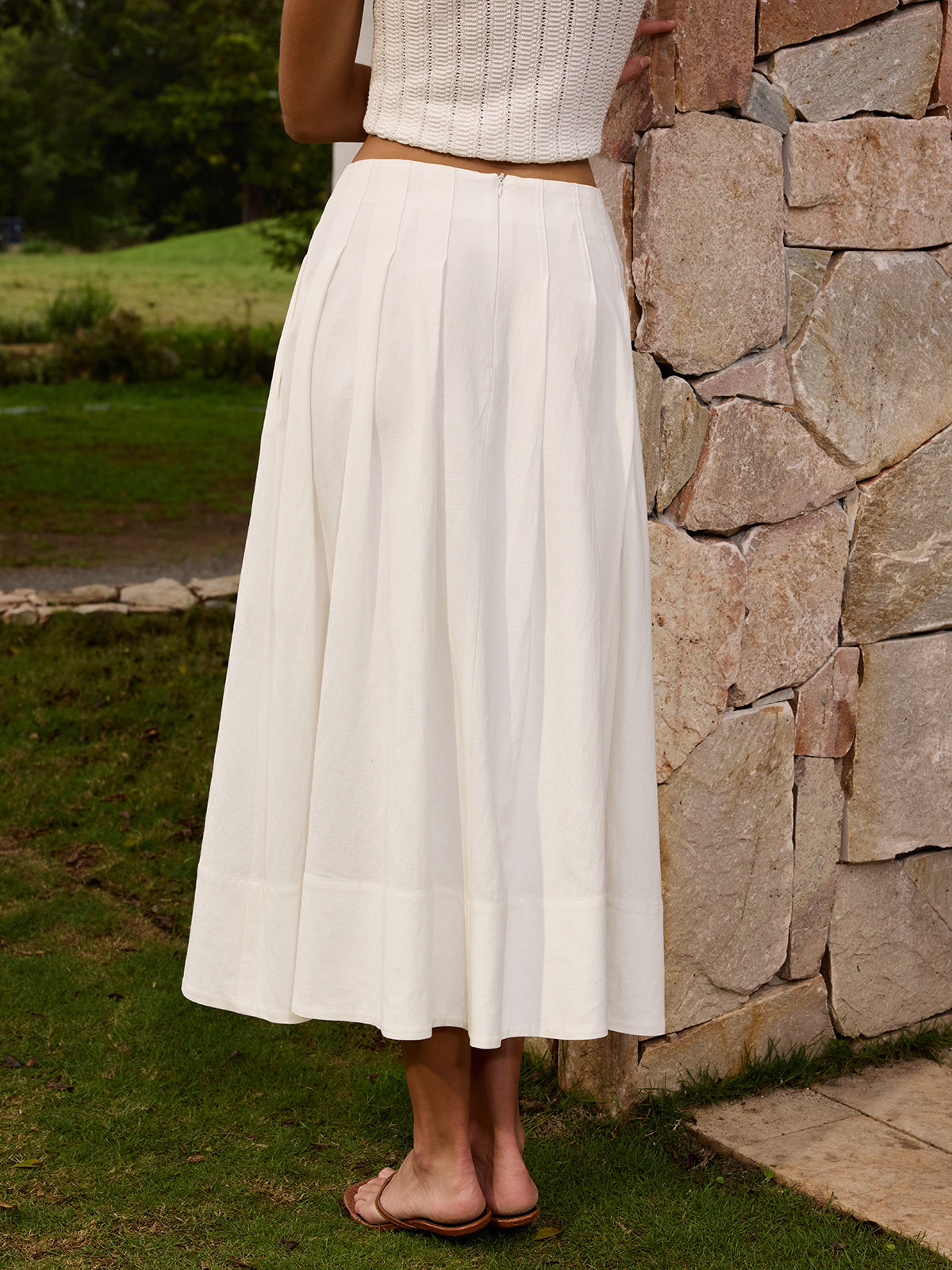 Cotton Linen Pleated Maxi Skirt with Elastic Waistband