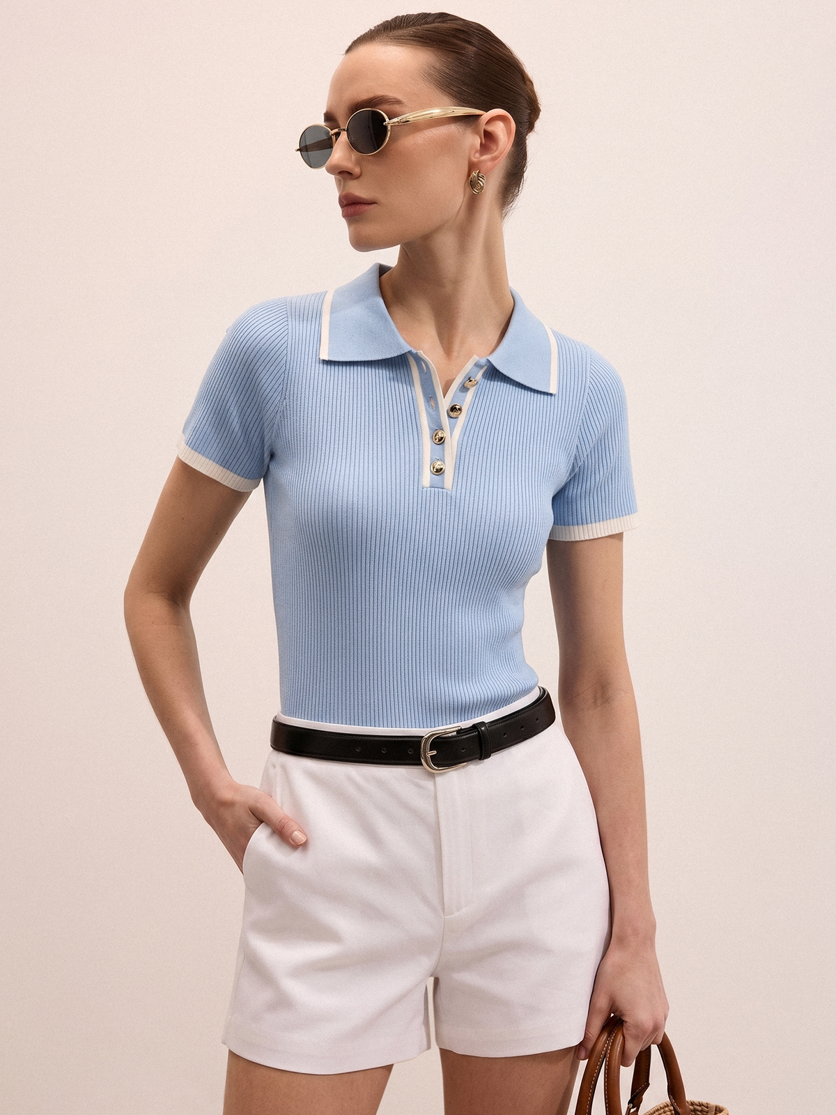 Ribbed Knit Short Sleeve Polo Top Comfort Fit Everyday Wear