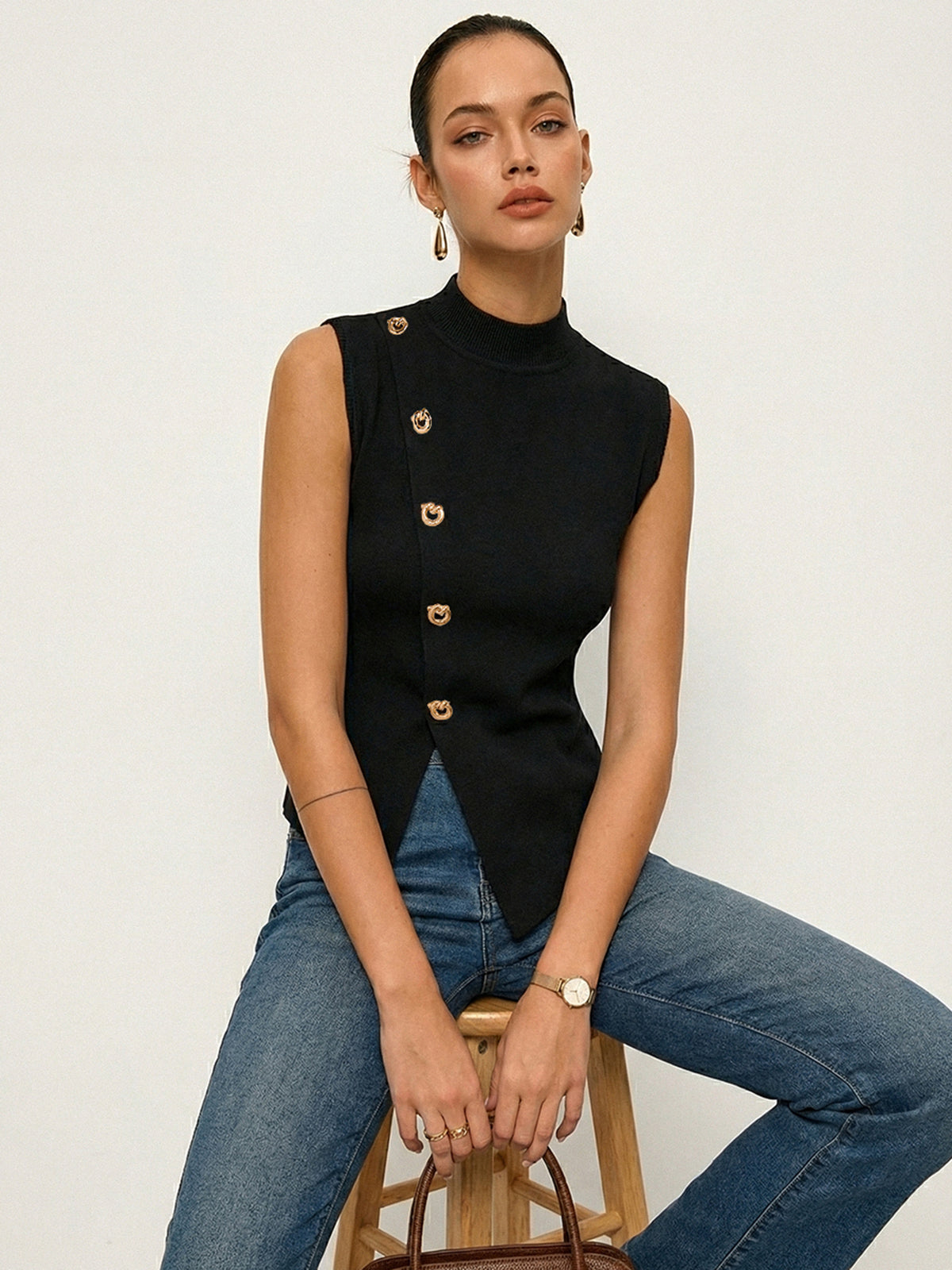 Asymmetric Button Sleeveless Knit Top Women's Casual Summer Tank