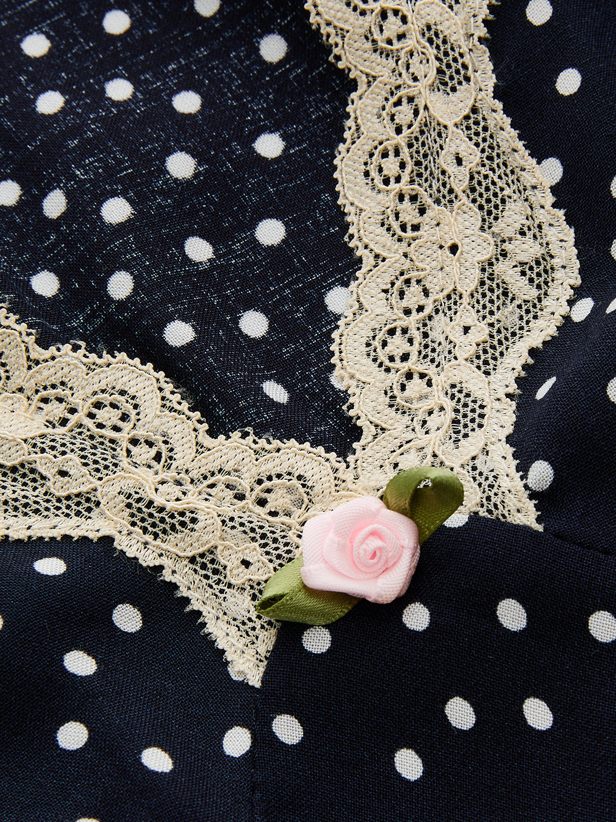 Polka Dot Lace-Trim Dress with Elegant Sleeves and Neckline