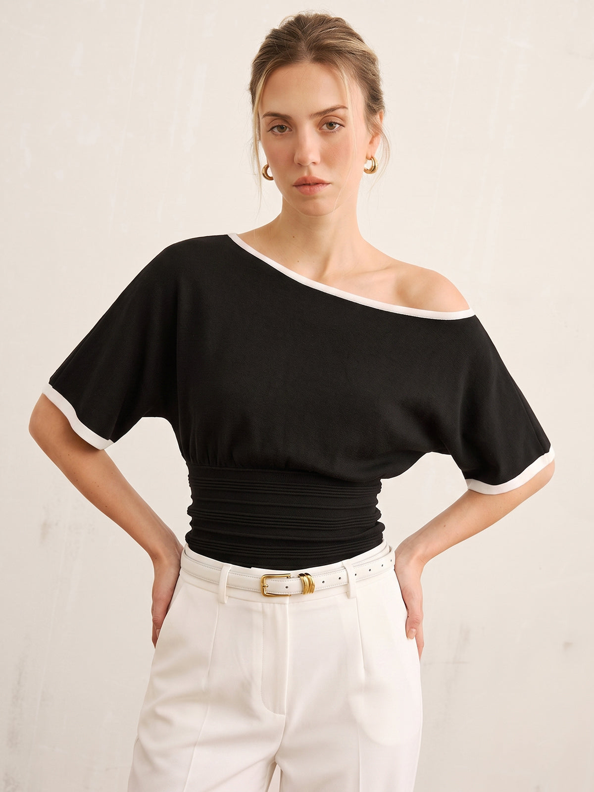 Contrast Trim Cinched Waist Knit Top for Casual Wear