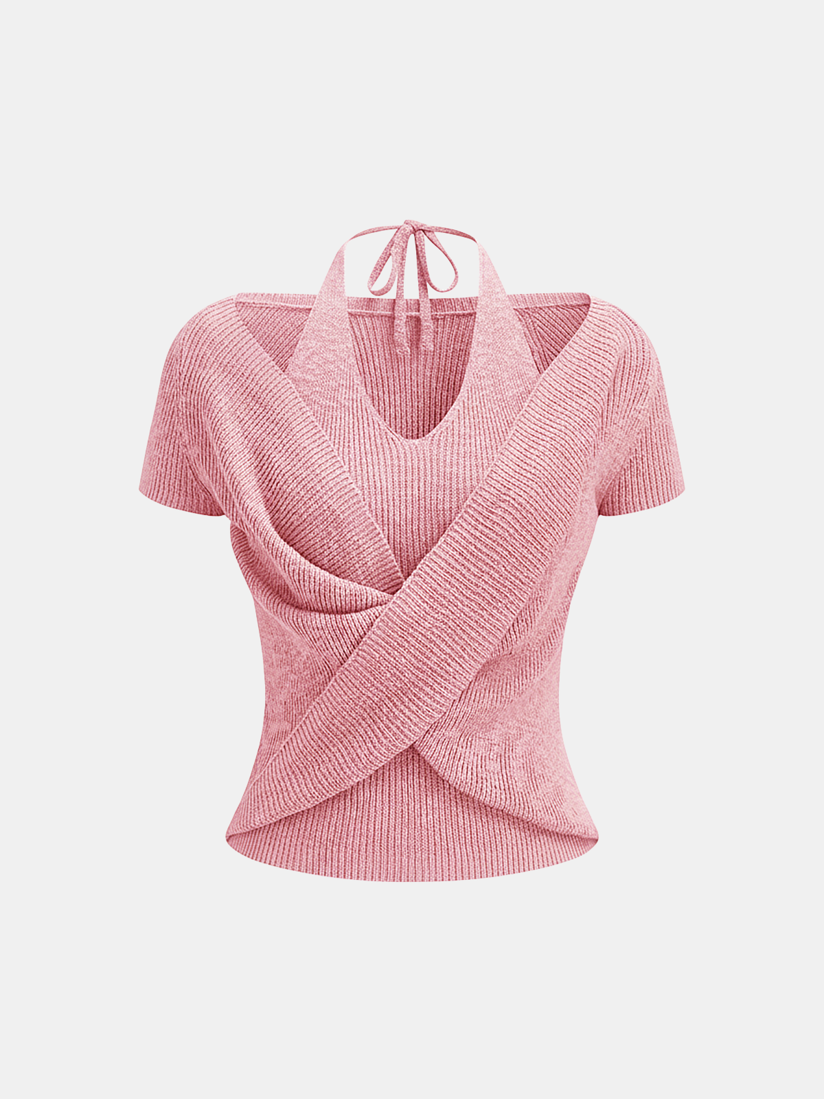 Halter Wrap Short Sleeve Knit Top Comfort Fit Casual Style