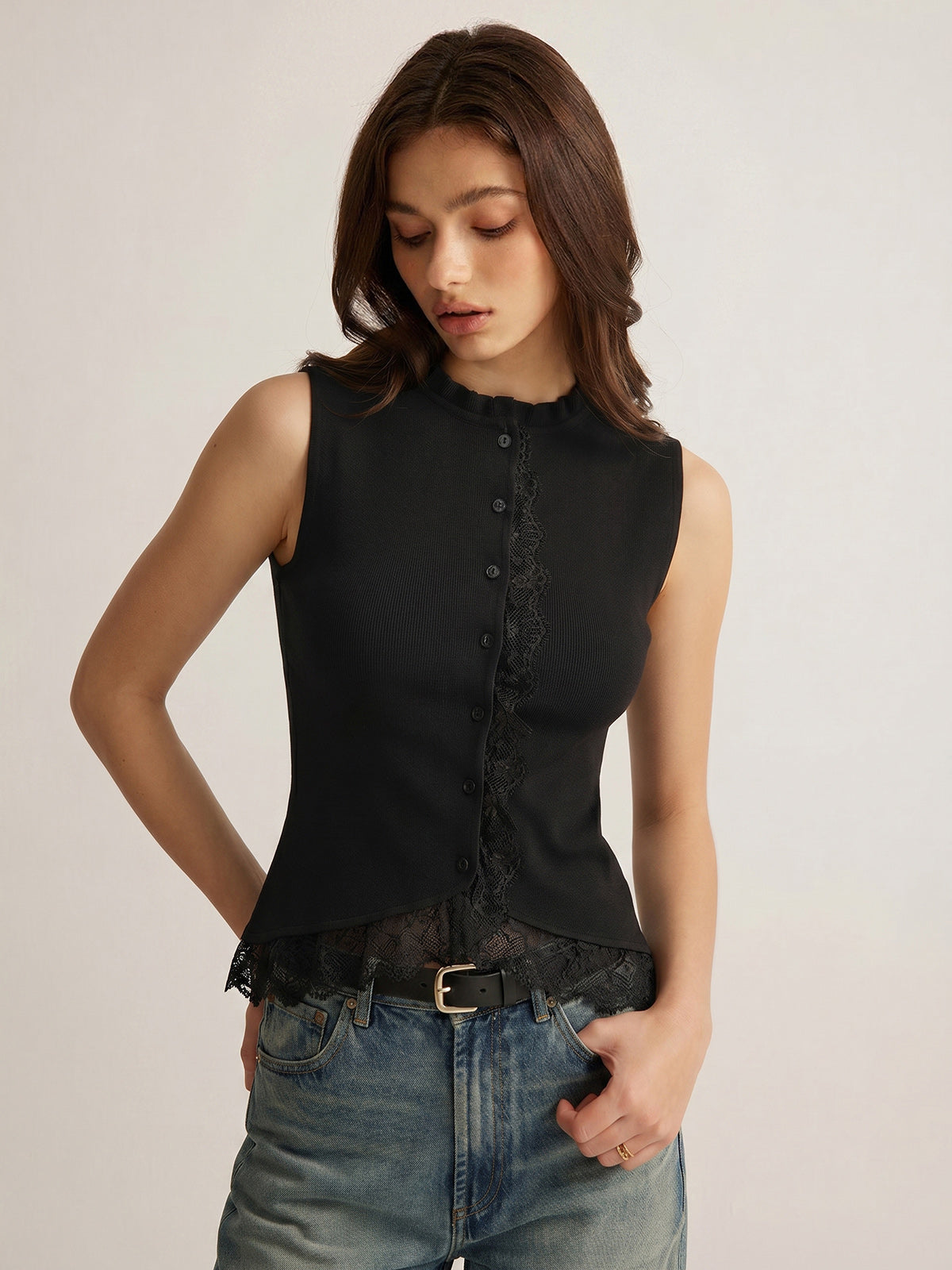 Lace Trim Button Front Knit Vest - Trendy Sleeveless Top for Women