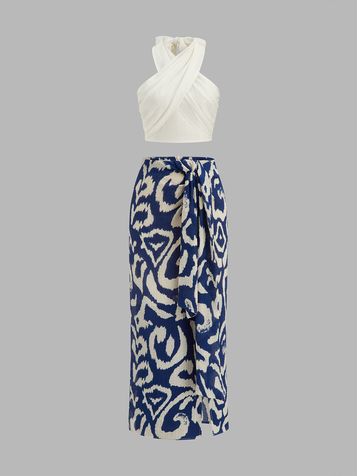 Halter Wrap Top & Abstract Print Skirt Set for Women Summer Fashion