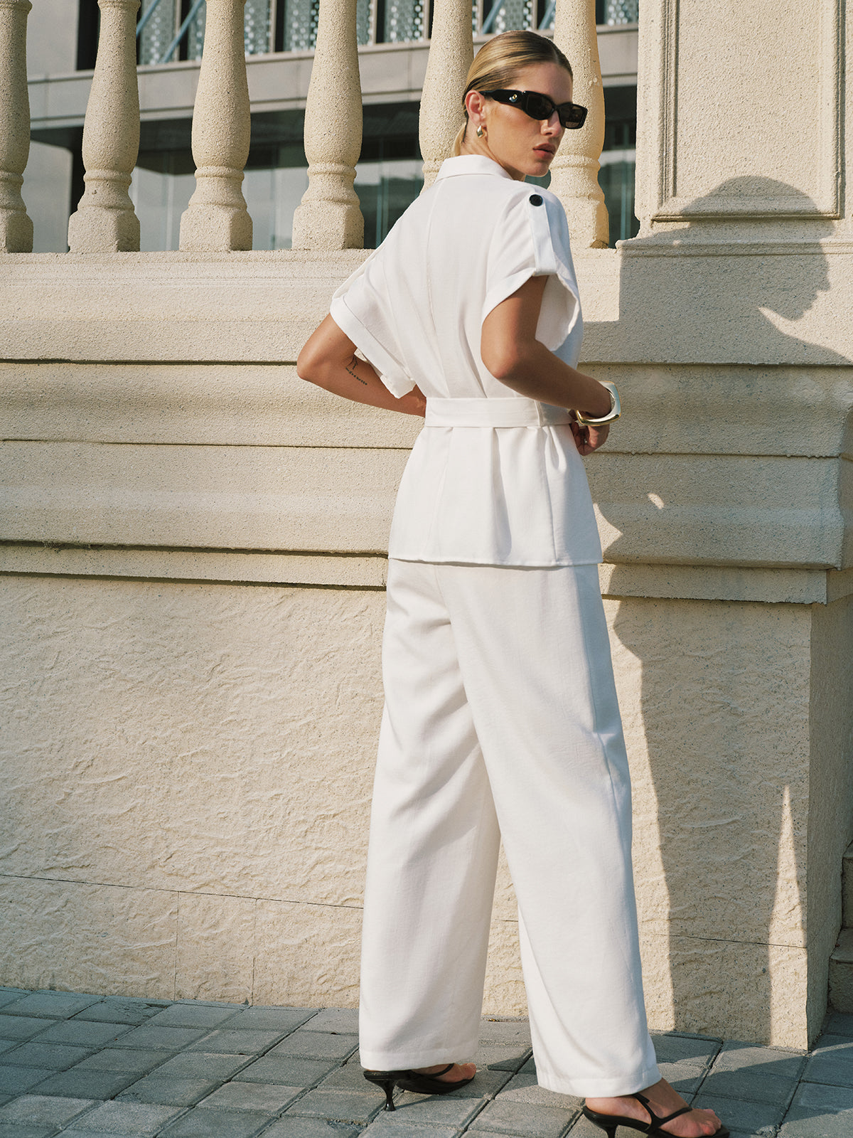 Short Sleeve Belted Blazer & Wide Leg Pants Set for Women, Elegant Office Wear