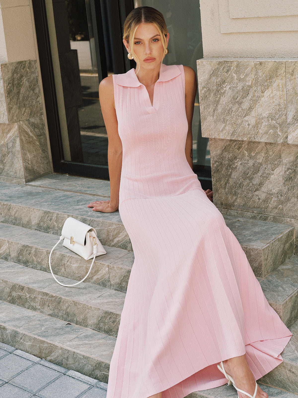 Polo Collar Sleeveless Ribbed Knit Maxi Dress for Women Casual Summer Comfort