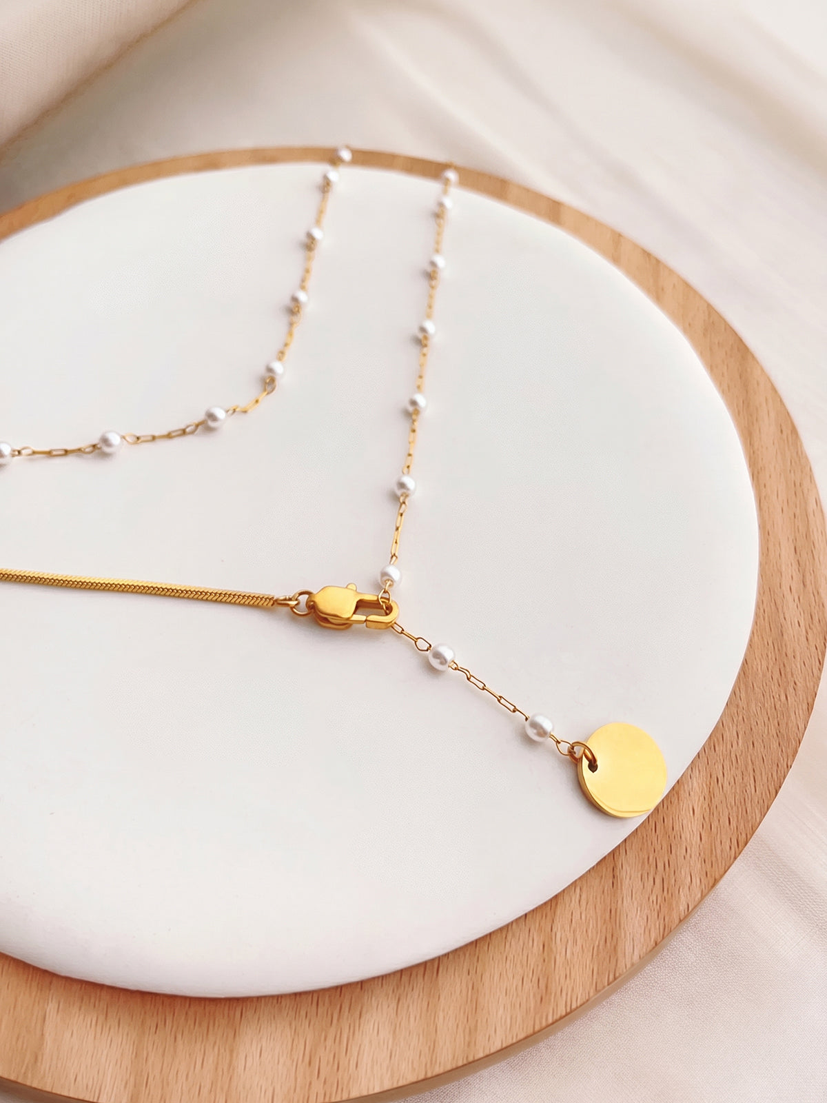 Double Layered Pearl Disc Pendant Necklace Vintage Inspired Charm