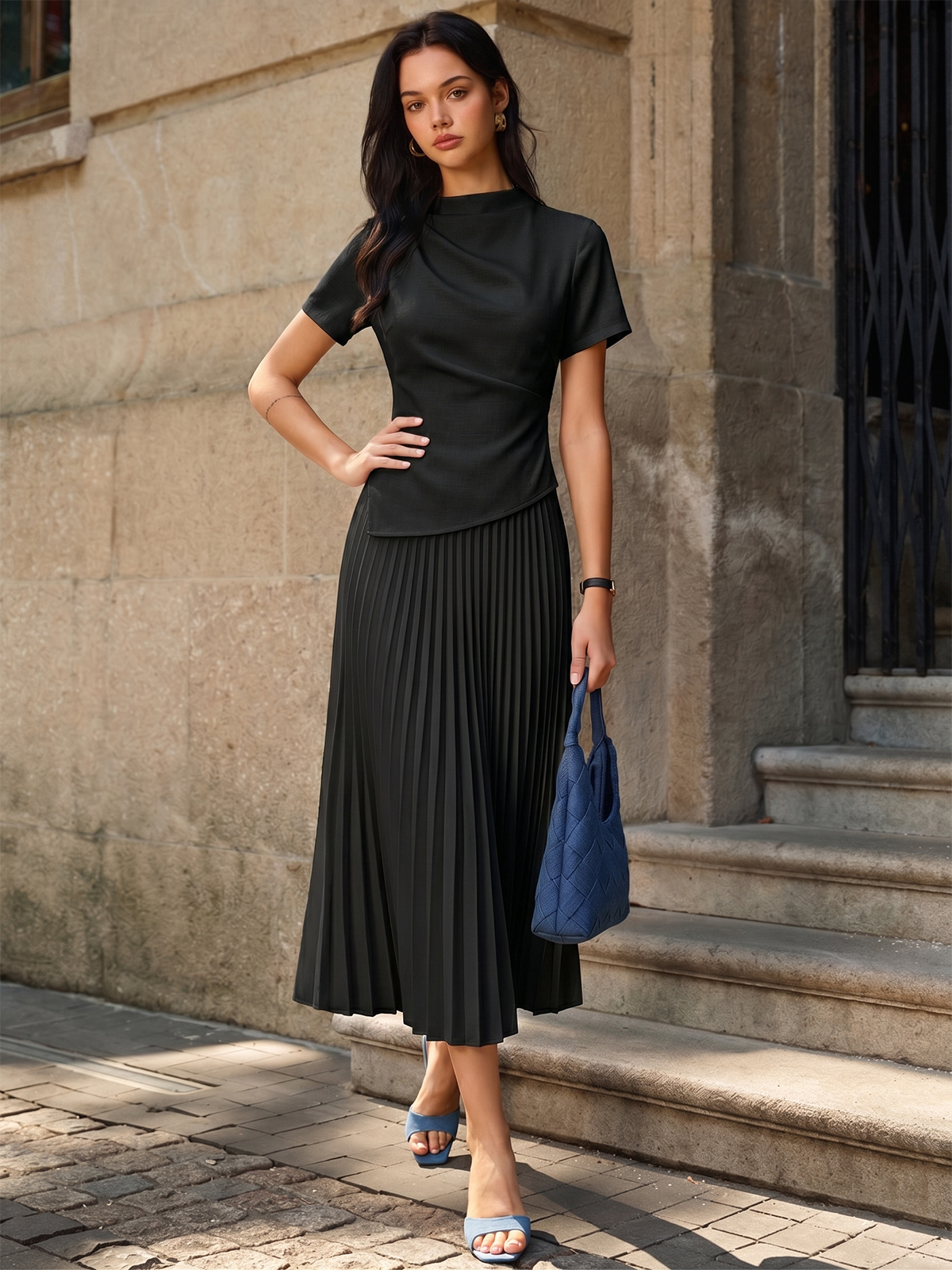 2 In 1 Short Sleeve Pleated Maxi Dress Casual Summer Style