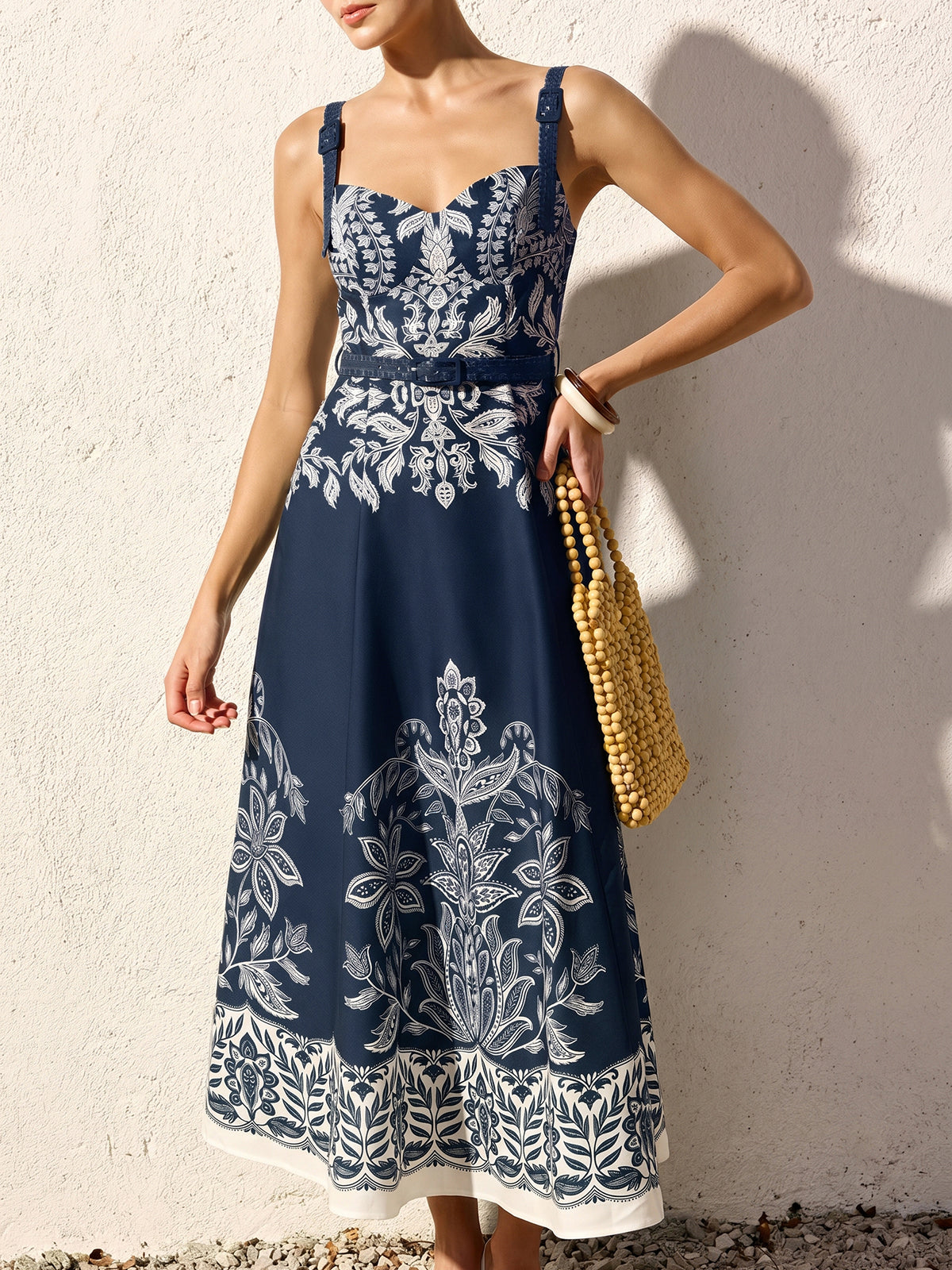 Baroque Floral Print Belted Cami Maxi Dress for Women Elegant Summer