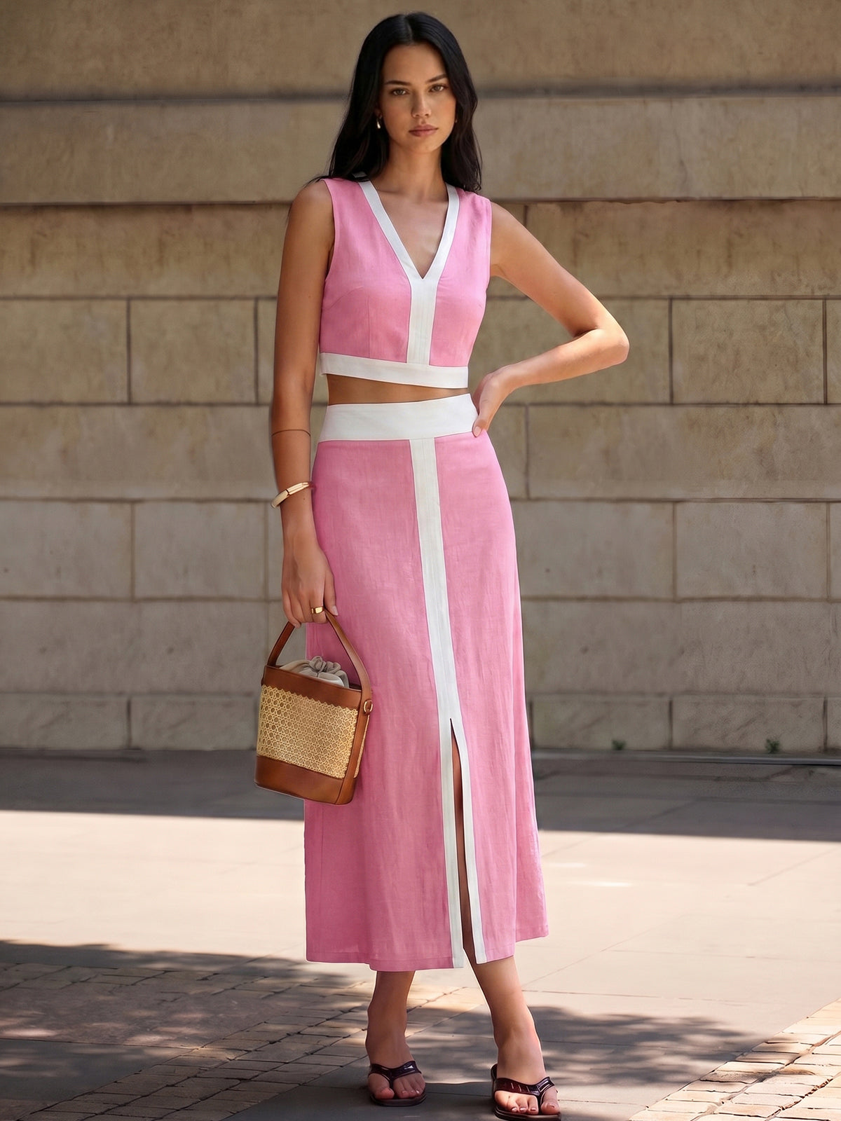 Contrast Trim Crop Top & Side Slit Midi Skirt Set for Women