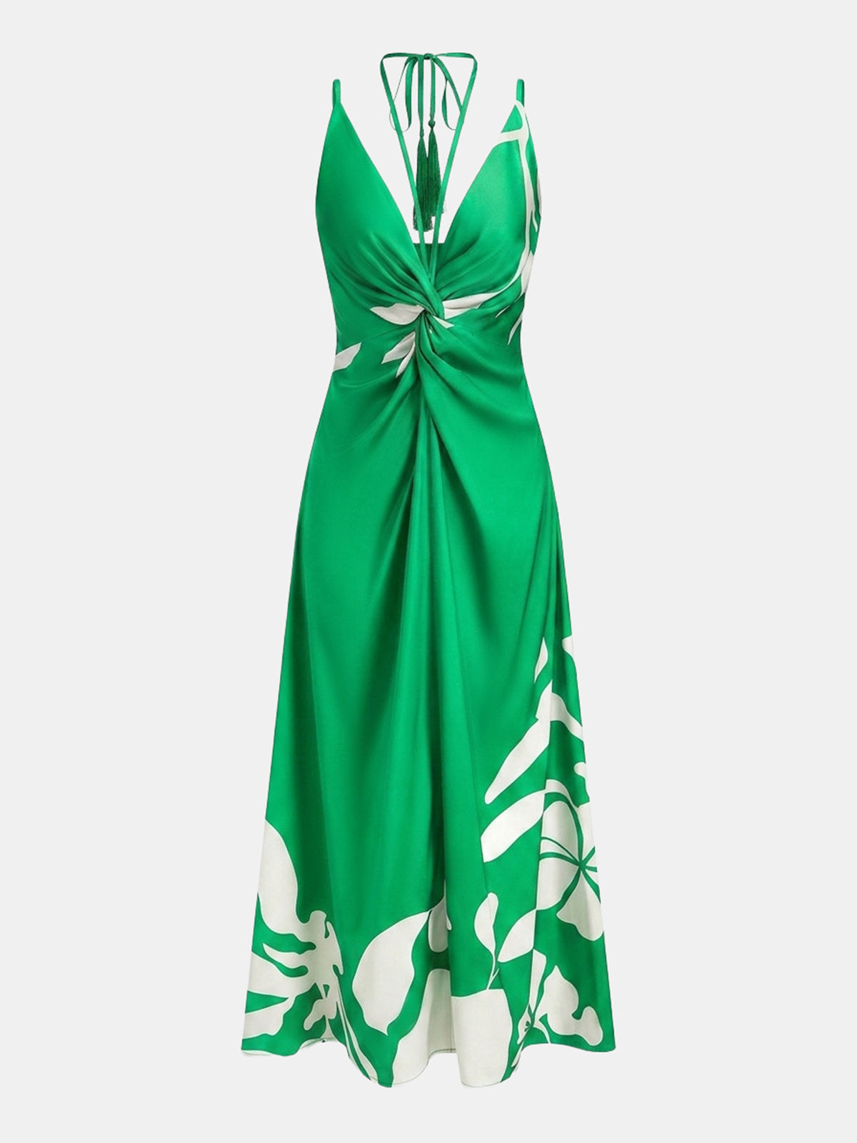 Tassel Detail Twist-Front Floral Print Maxi Dress with V-Neck and Empire Waist