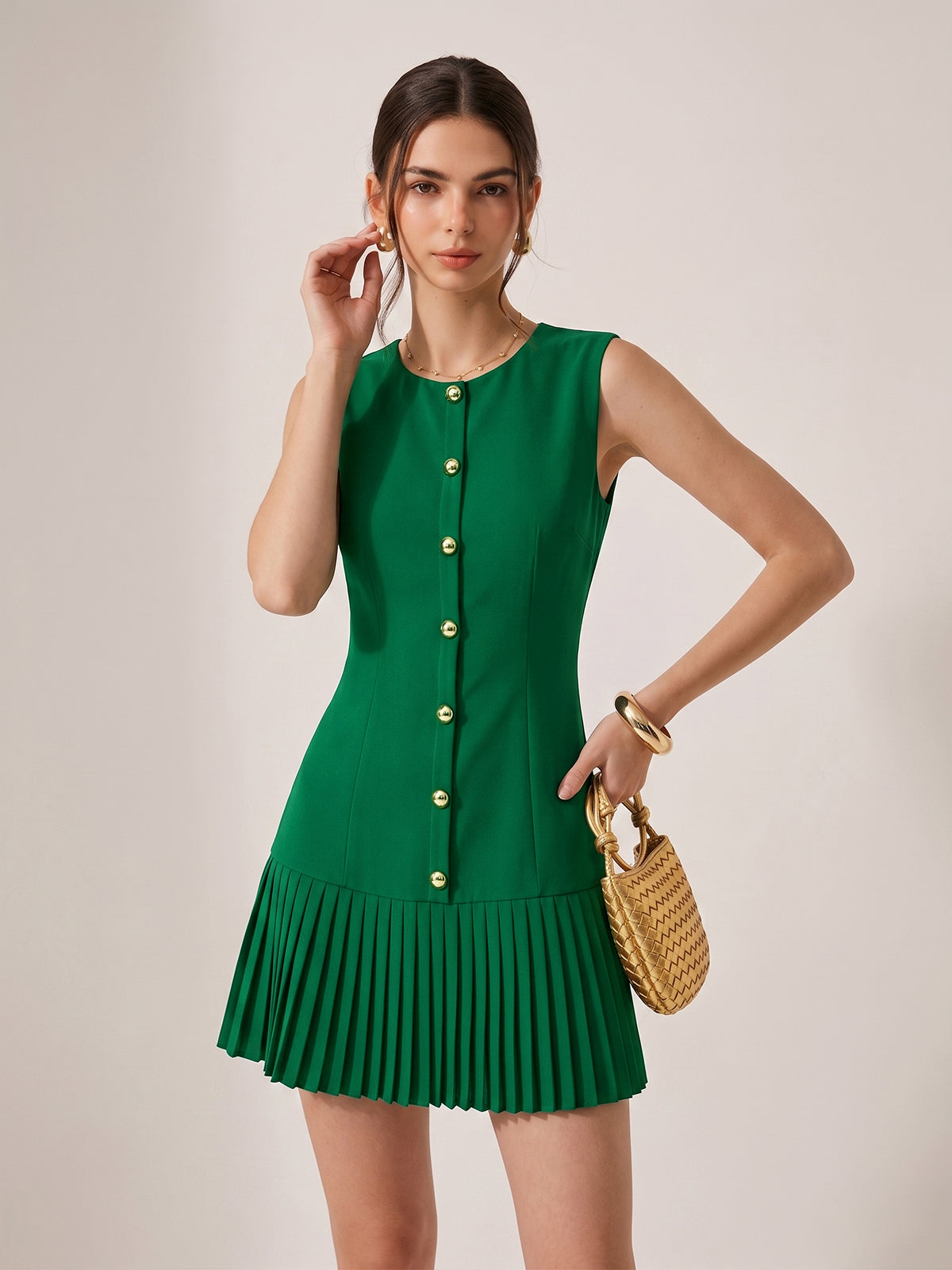 Metal Detail Sleeveless Slim Fit Pleated Mini Dress for Women Spring Collection