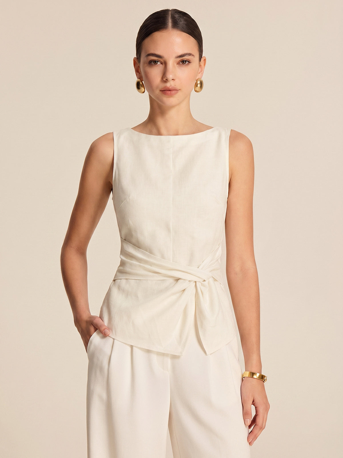 Twisted Waist Linen Blend Sleeveless Blouse for Summer Casual Wear