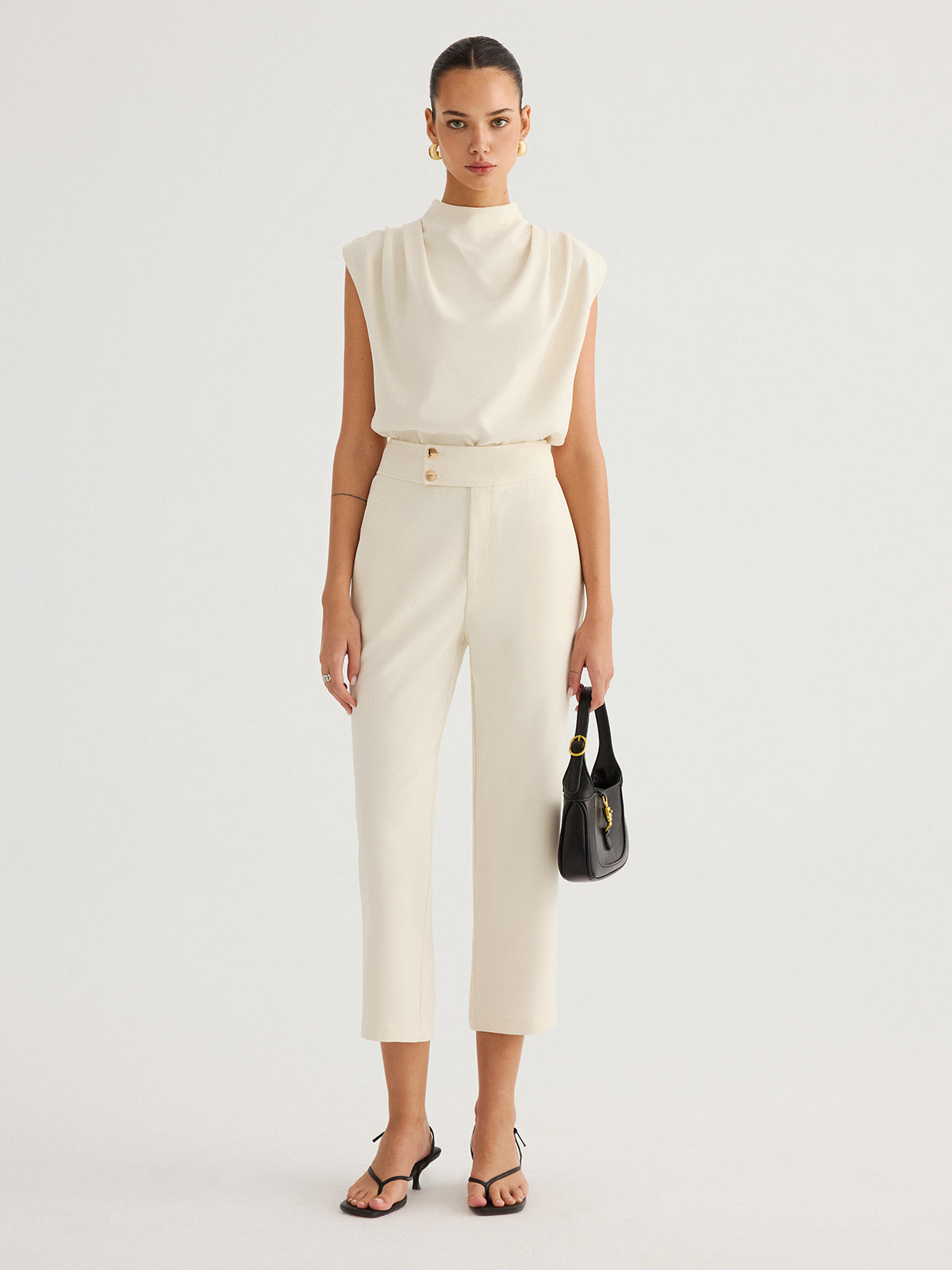 Metal Button Straight-Leg Cropped Pants for Women Casual Fit