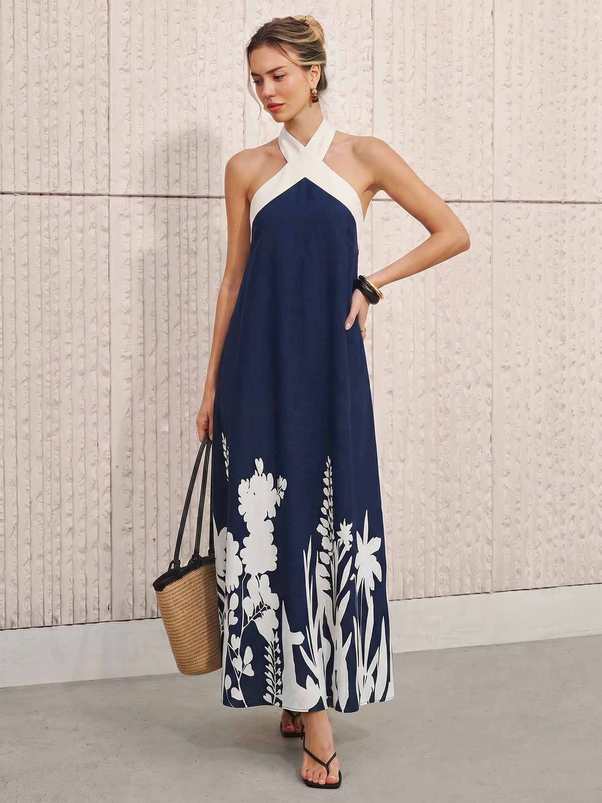 Halter Neck Floral Print Midi Dress for Summer Weddings