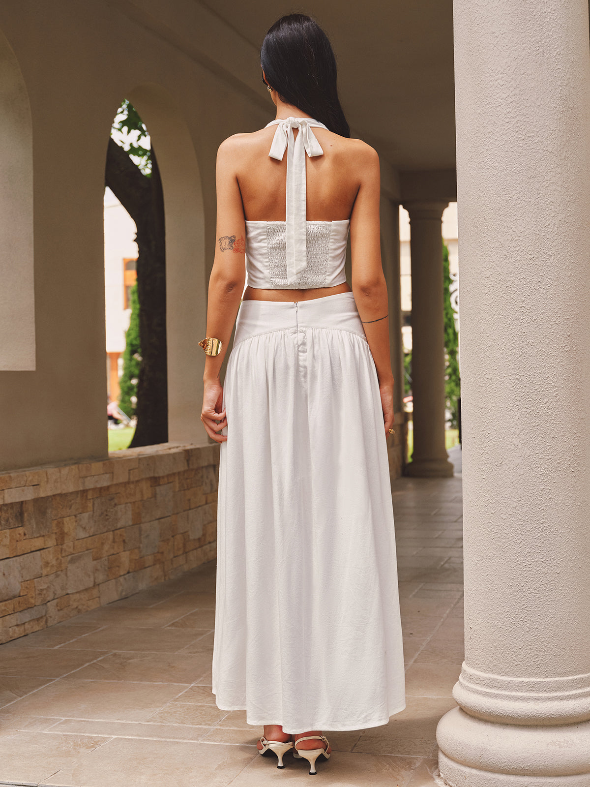 Linen-Blend Halter Top & Maxi Skirt Set Perfect for Summer Outfits