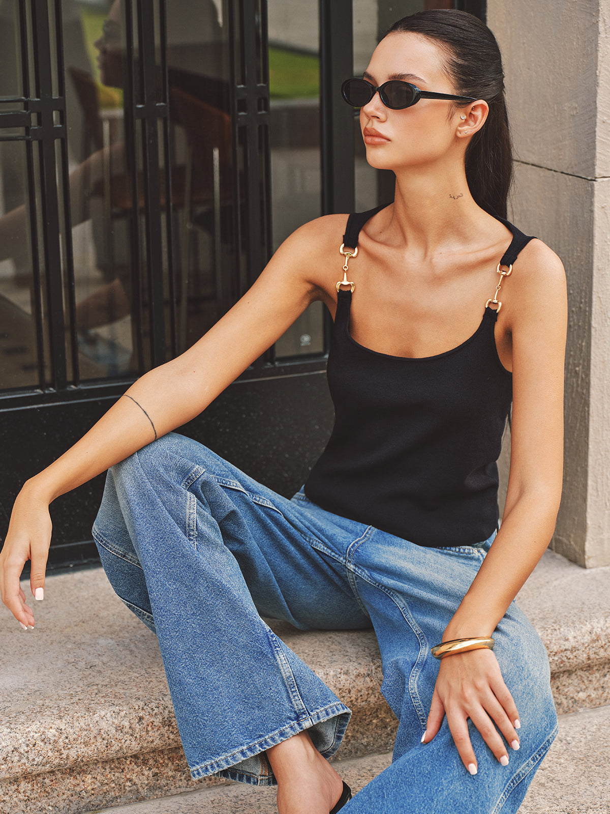 Horsebit Strap Knit Tank Top Casual Summer Wear