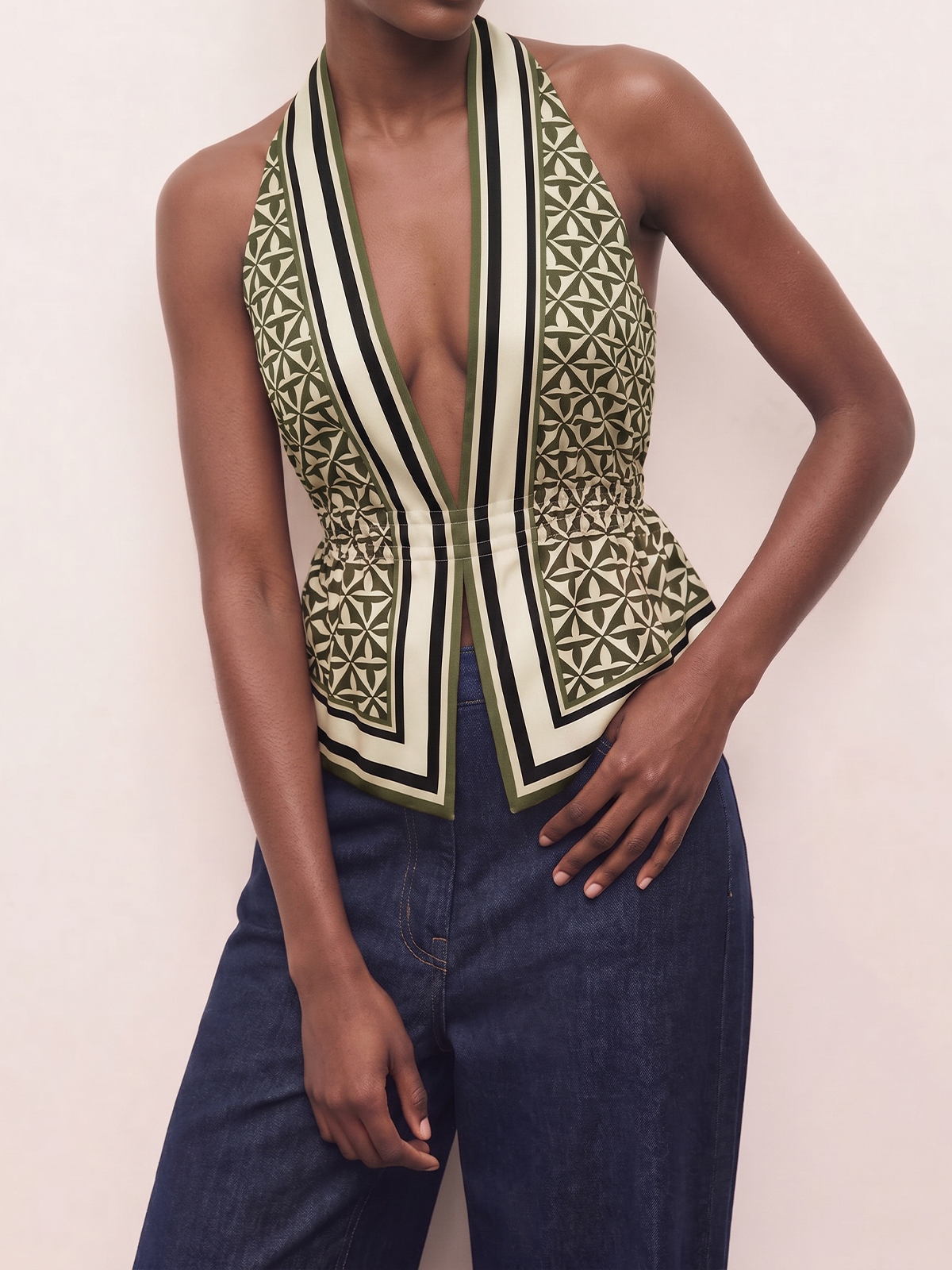Geometric Print Cinched Waist Satin Top - Women's Fashion Blouse