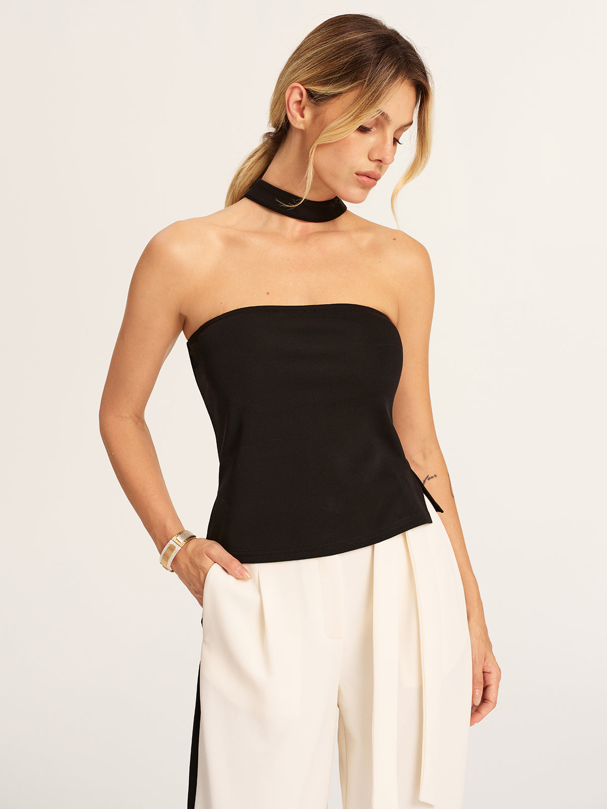 Halter Top & Side-Stripe Belted Pants Set with Matching Accessories