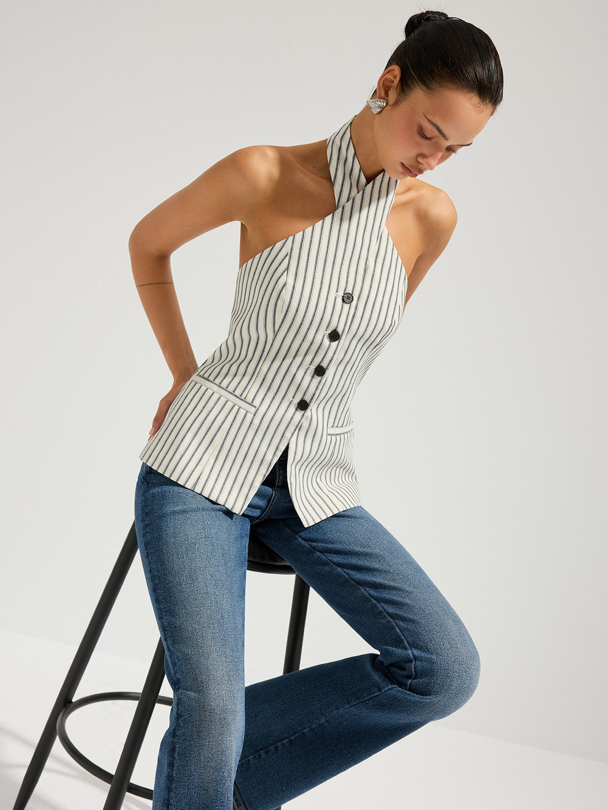 Striped Cotton Buttoned Halter Vest for Summer Casual Wear