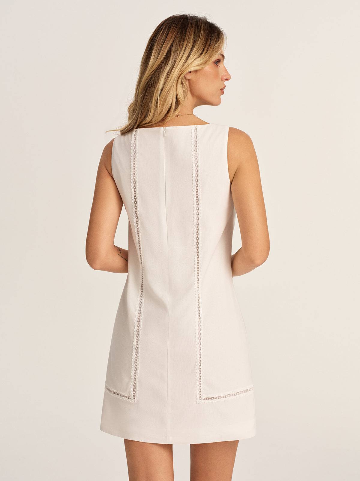 Lace Inset Sleeveless Cotton Linen Shift Dress for Summer Weddings and Casual Outings