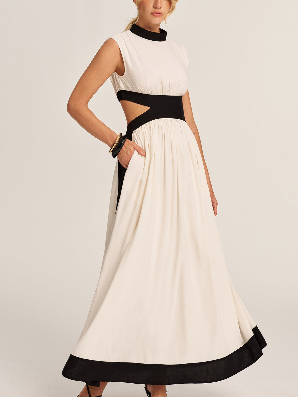 Color Block Cutout Pocketed Maxi Dress with Side Slits and Belt