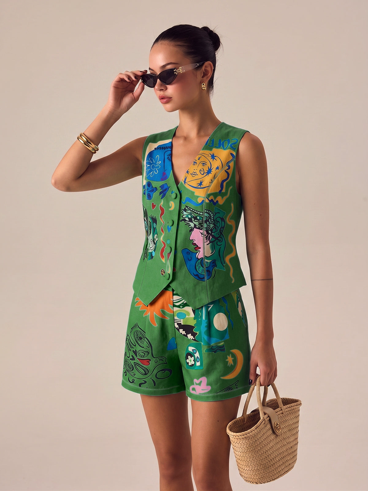 Abstract Art Print Vest & Shorts Set - Trendy Summer Casual Outfit