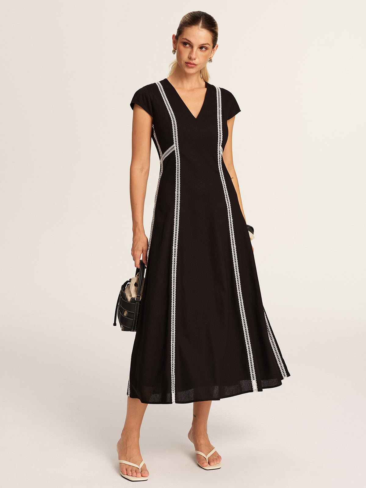 Lace Inset V-Neck Cotton Linen Midi Dress for Women Spring/Summer Collection