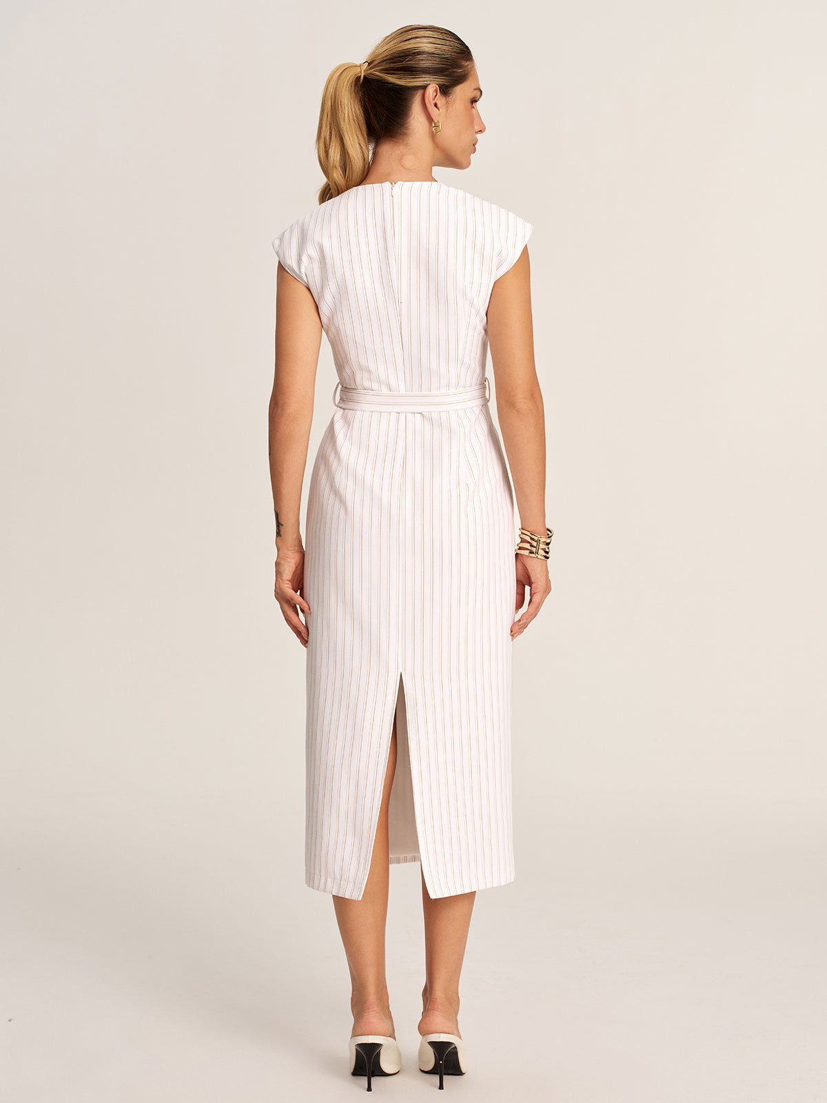 Sleeveless Notch Neck Striped Belted Midi Dress for Women Summer Casual
