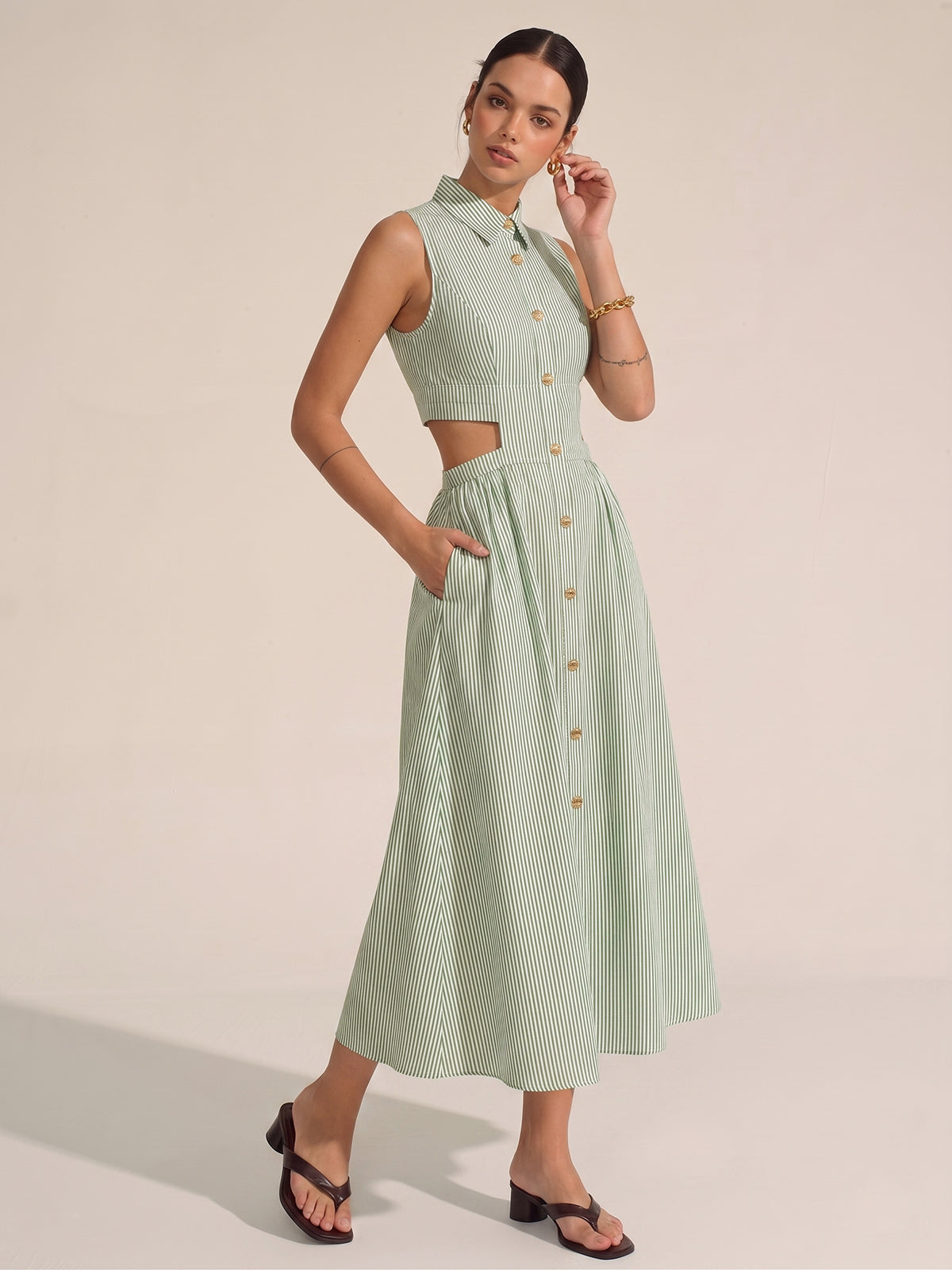 Sleeveless Cutout Striped Midi Shirt Dress with Belt Tie Detail