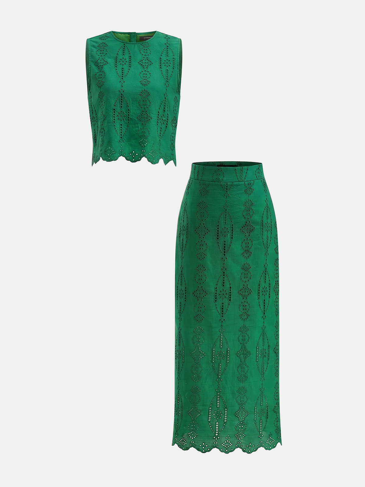 Cotton Eyelet Embroidery Top & Midi Skirt Set for Women Summer Fashion