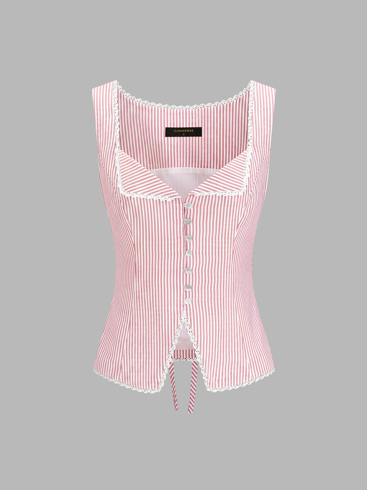 Striped Lace Trim Button-Front Tank Top with Adjustable Straps for Women