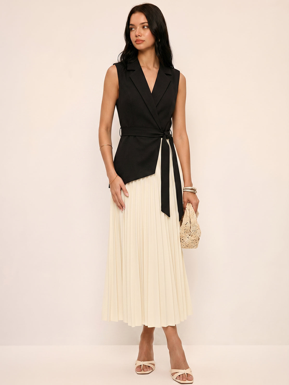 Sleeveless Belted Pleated Blazer Dress for Women, Elegant Workwear