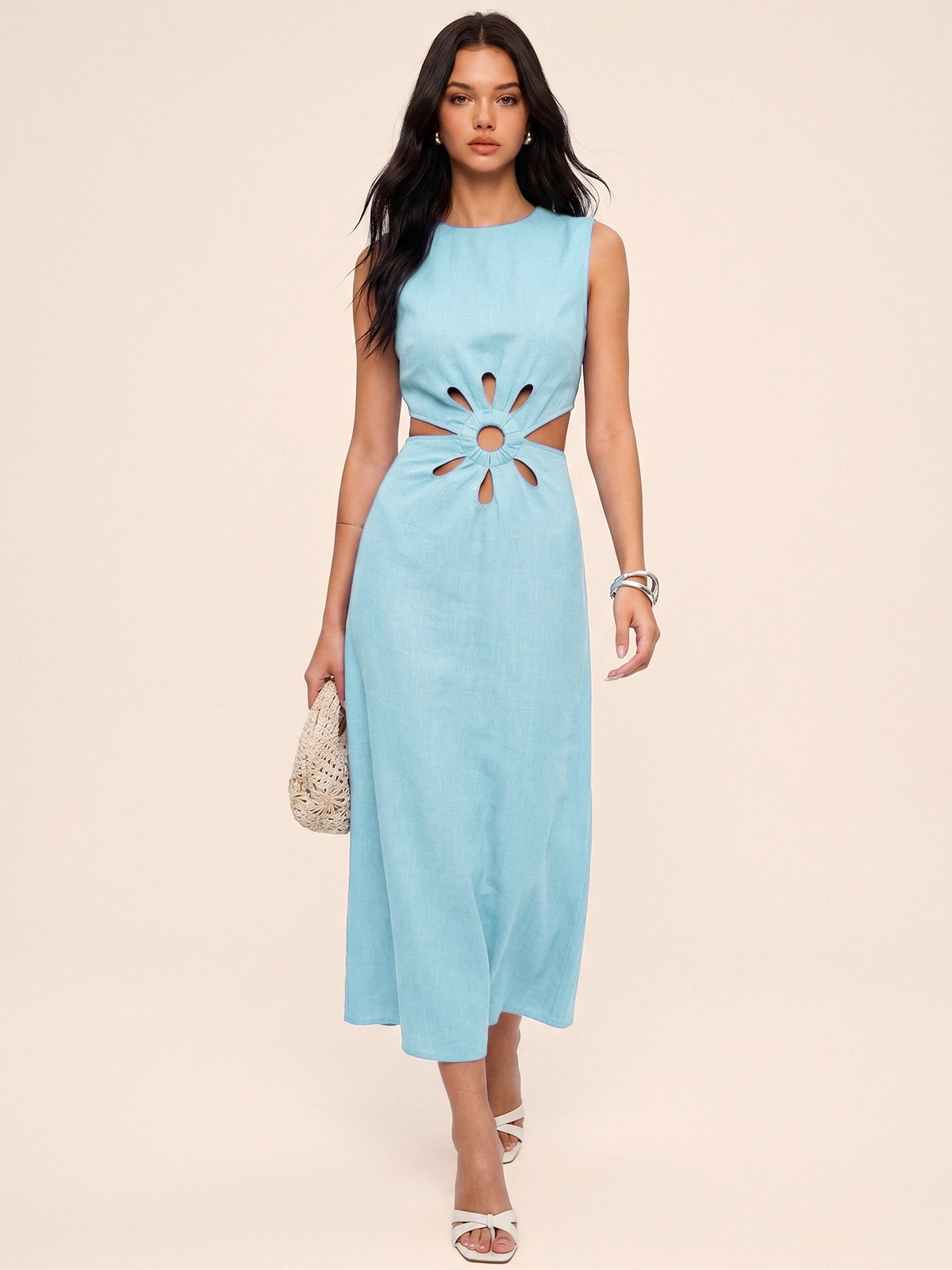 Cutout Waist Sleeveless Maxi Dress for Elegant Evening Wear