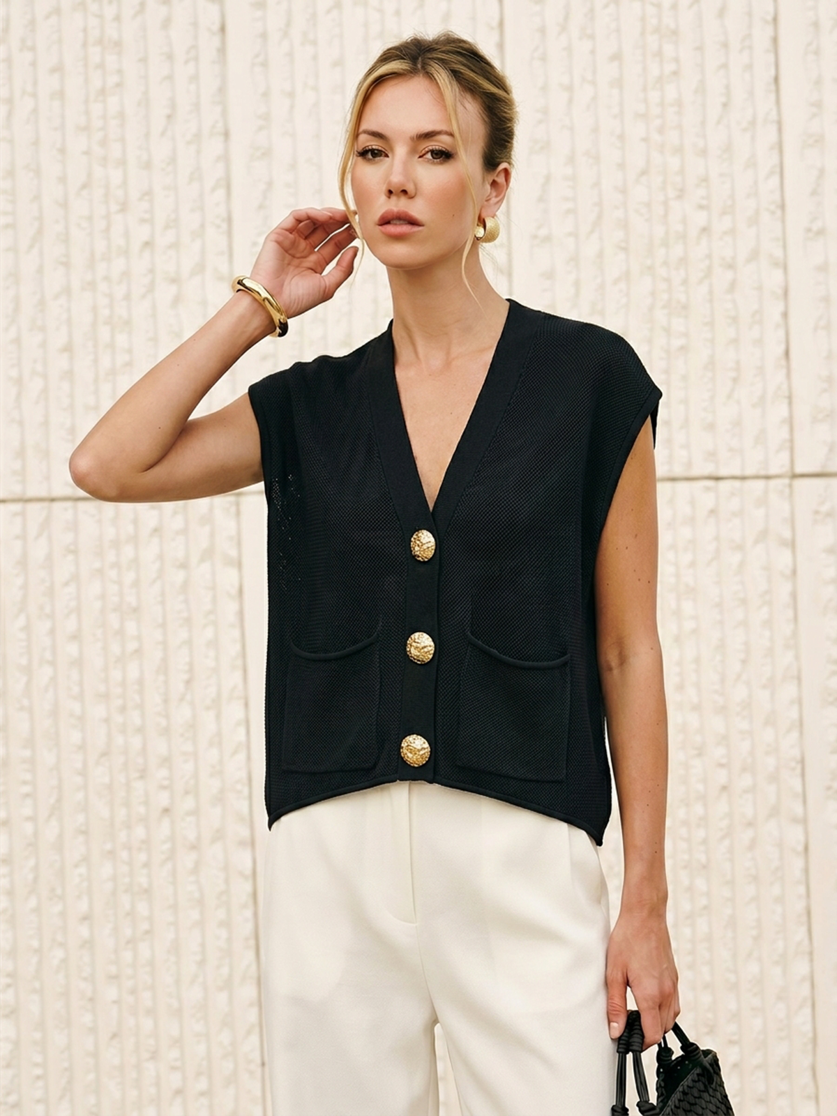 Embossed Button Sleeveless Knit Vest Comfortable Casual Wear