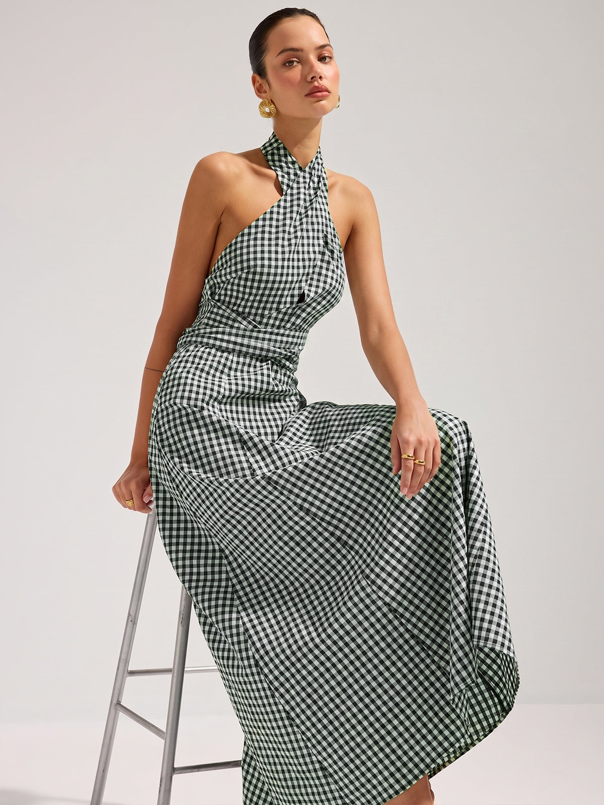 Gingham Halter Cotton Maxi Dress - Women's Lightweight Summer Outfit