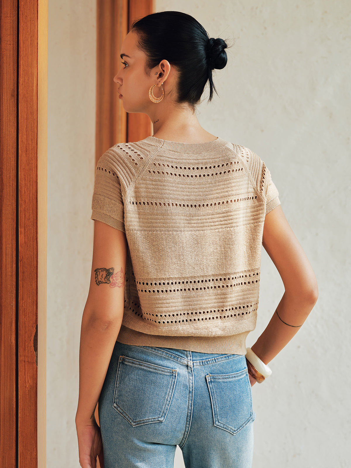 Eyelet Short Sleeve Crew Neck Knit Top Women's Casual Summerwear