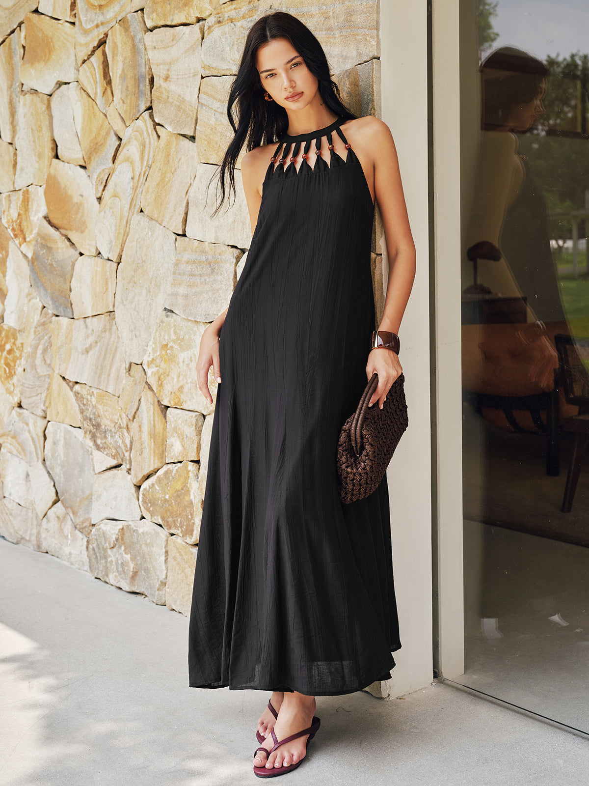 Bead Cutout Neck Crinkle Maxi Dress - Elegant Flowy Evening Wear