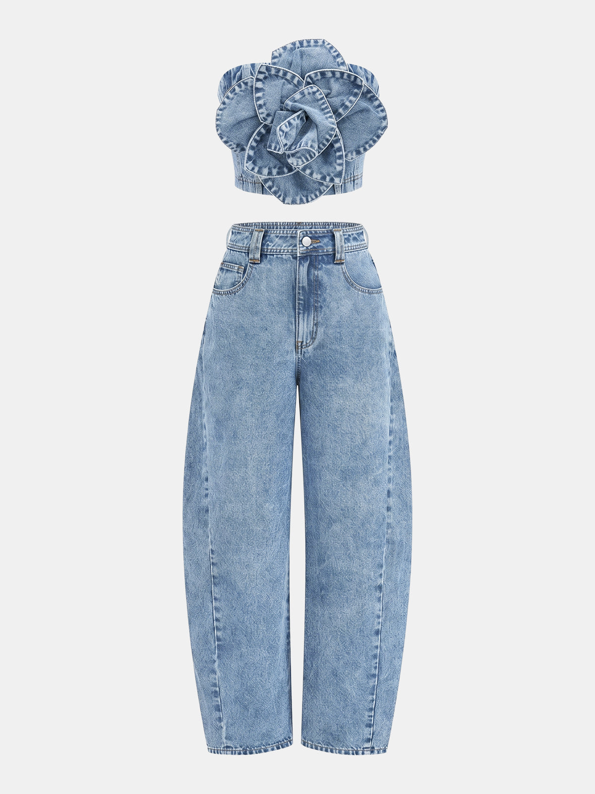 3D Rose Applique Denim Tube Top Vintage Inspired Casual Fit