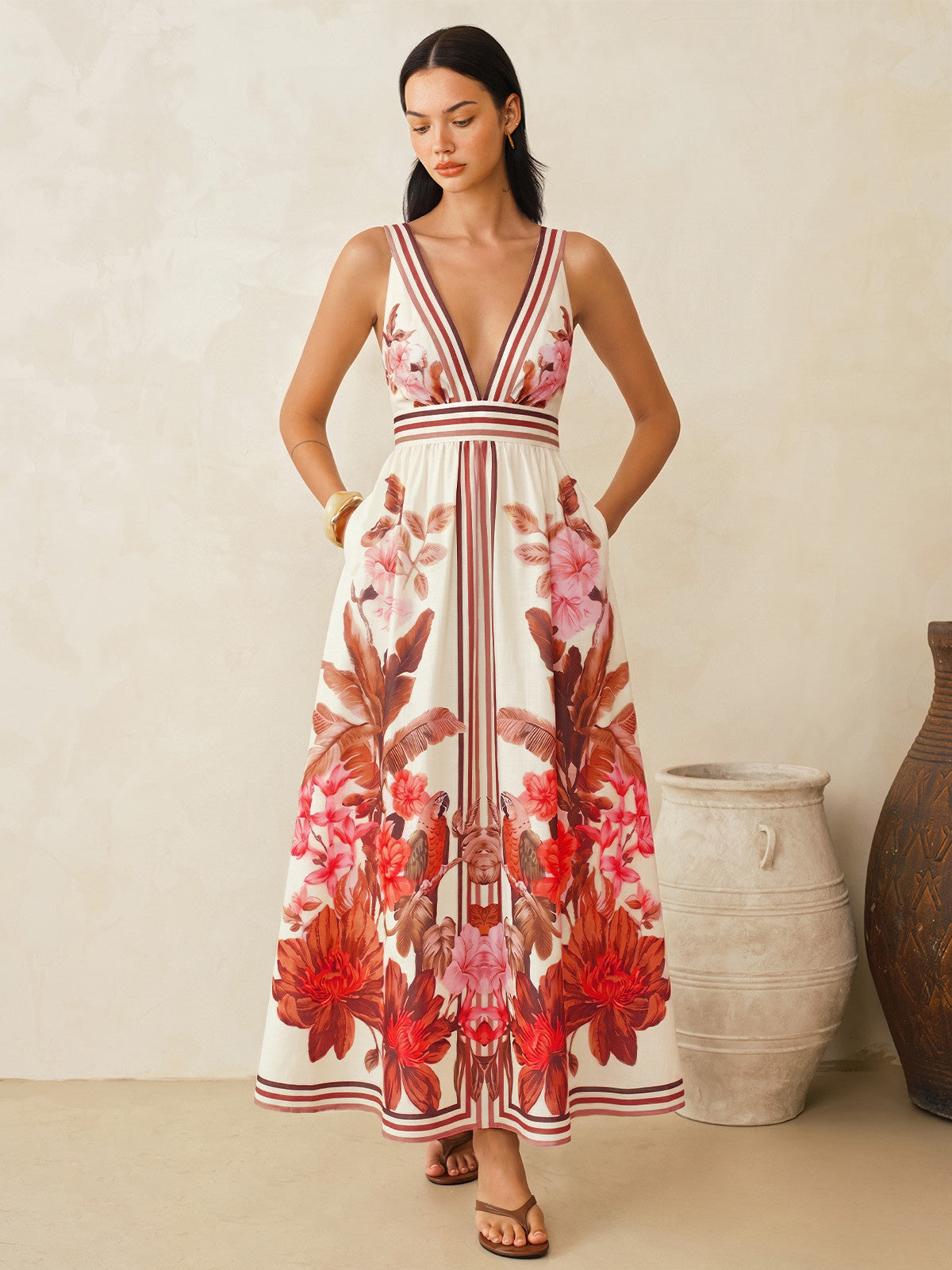 Tropical Floral Print Deep V-Neck Maxi Dress with Flowing Skirt