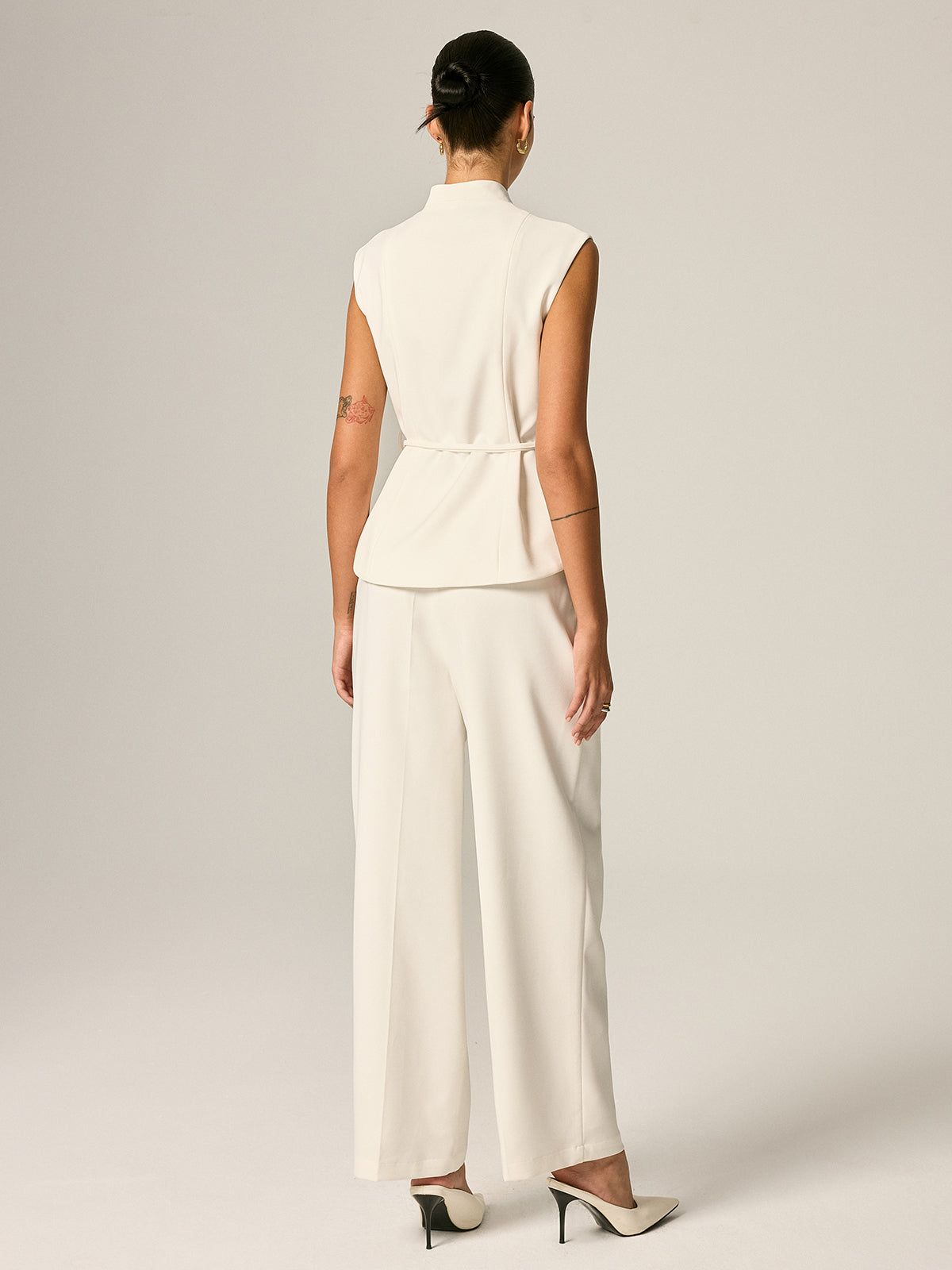 Stand Collar Belted Vest & Pants Set for Women - Stylish Office Wear