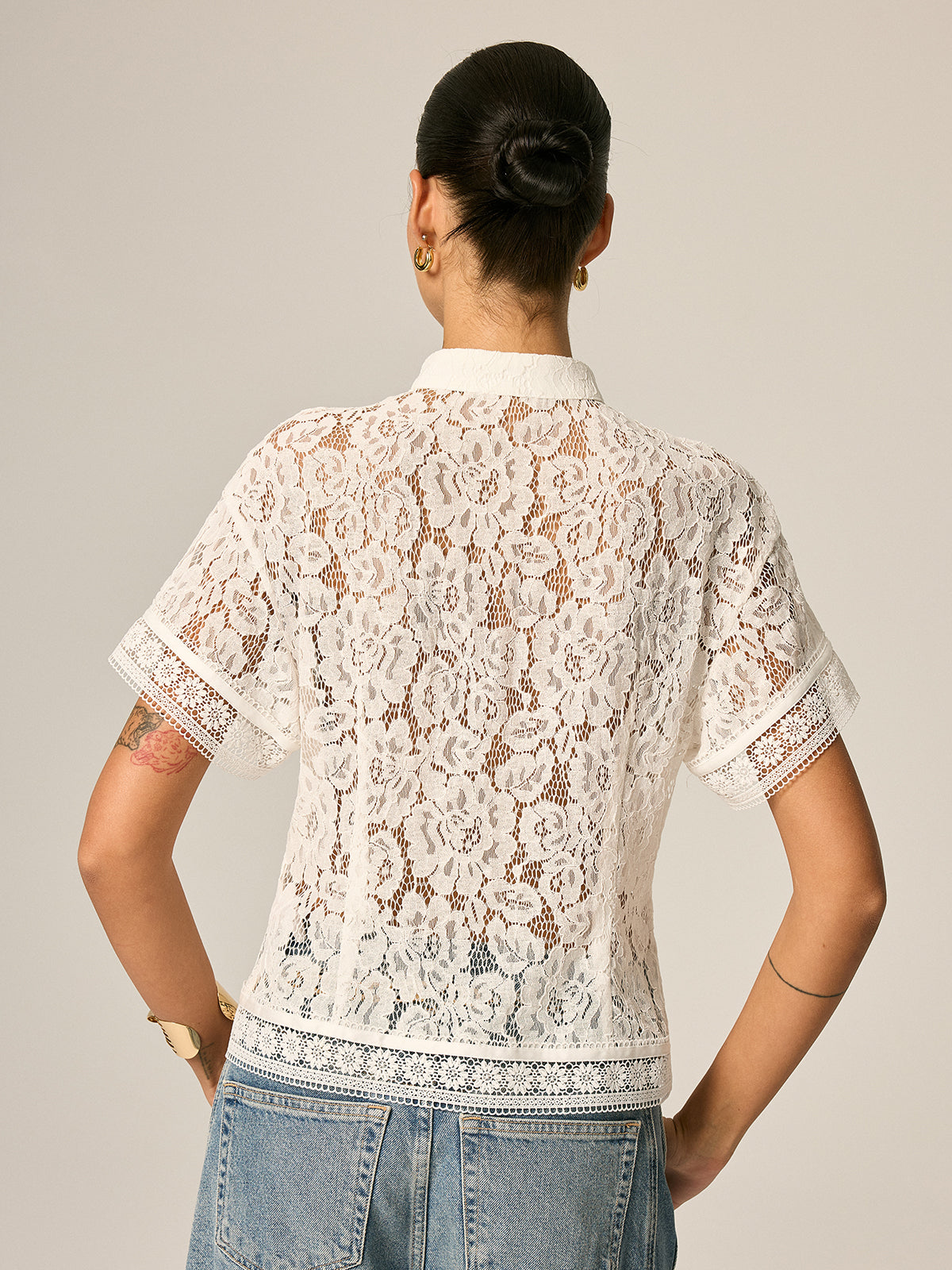Frog Button Lace Short Sleeve Blouse Traditional Elegant Style
